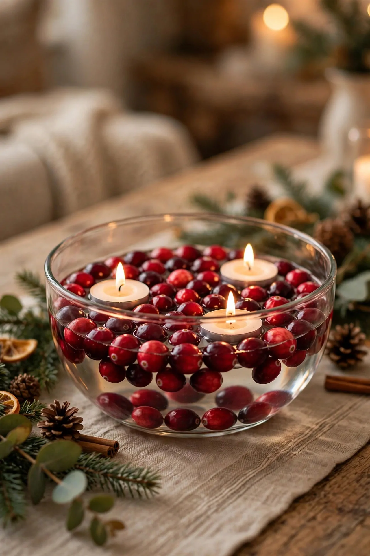 21 Christmas Centerpiece Ideas for a Festive Table 15 Glass bowl of cranberries with floating candles