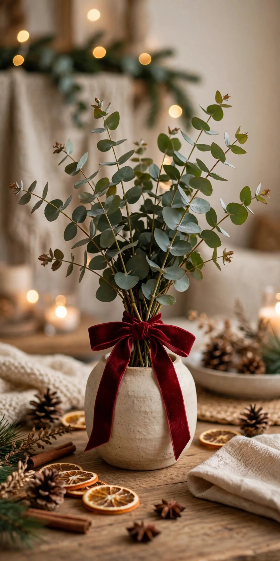 21 Christmas Centerpiece Ideas for a Festive Table 16 Bundle of eucalyptus stems tied with deep red velvet ribbon in a vase