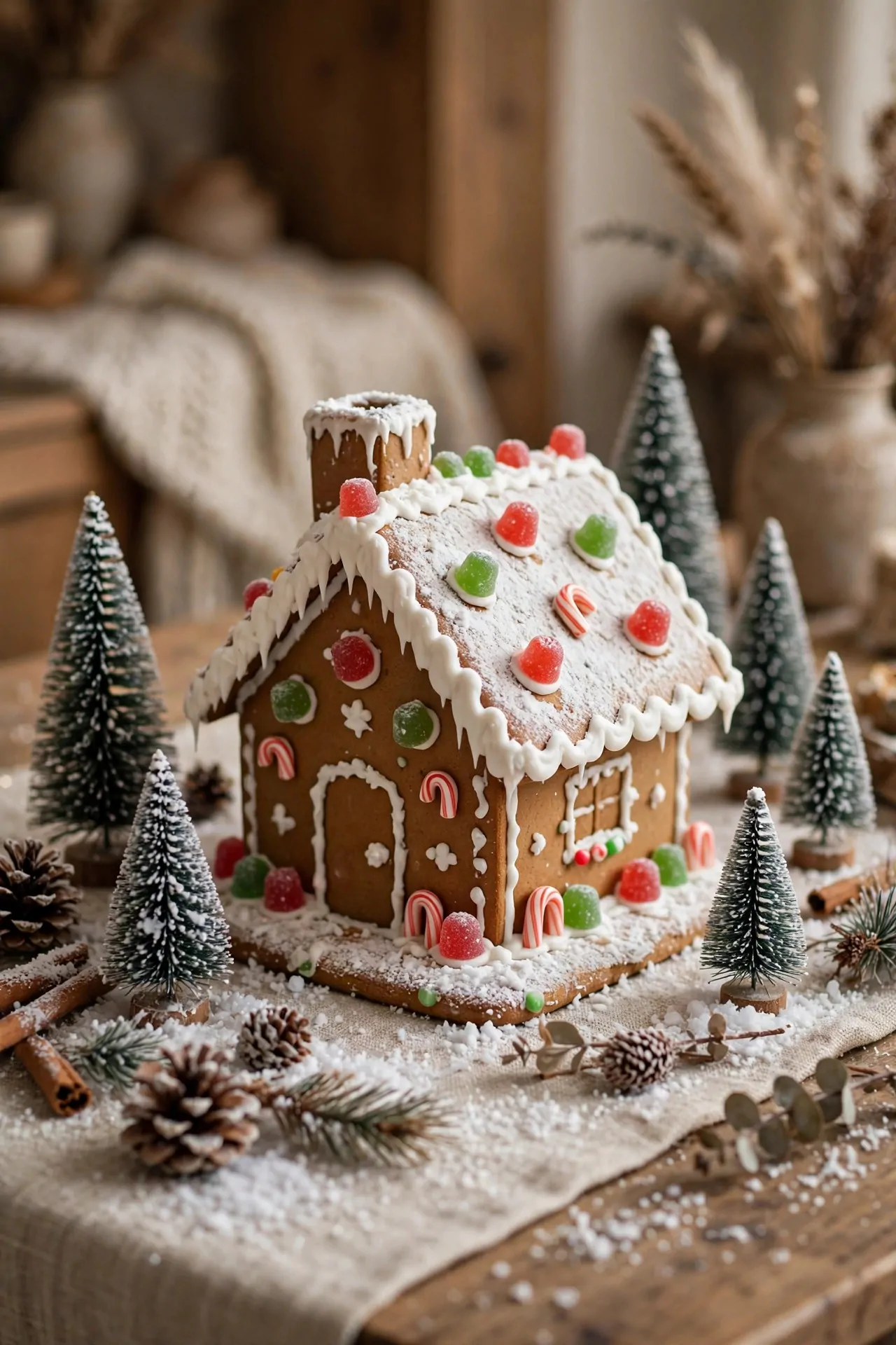 21 Christmas Centerpiece Ideas for a Festive Table 17 Gingerbread house centerpiece surrounded by tiny trees and fake snow