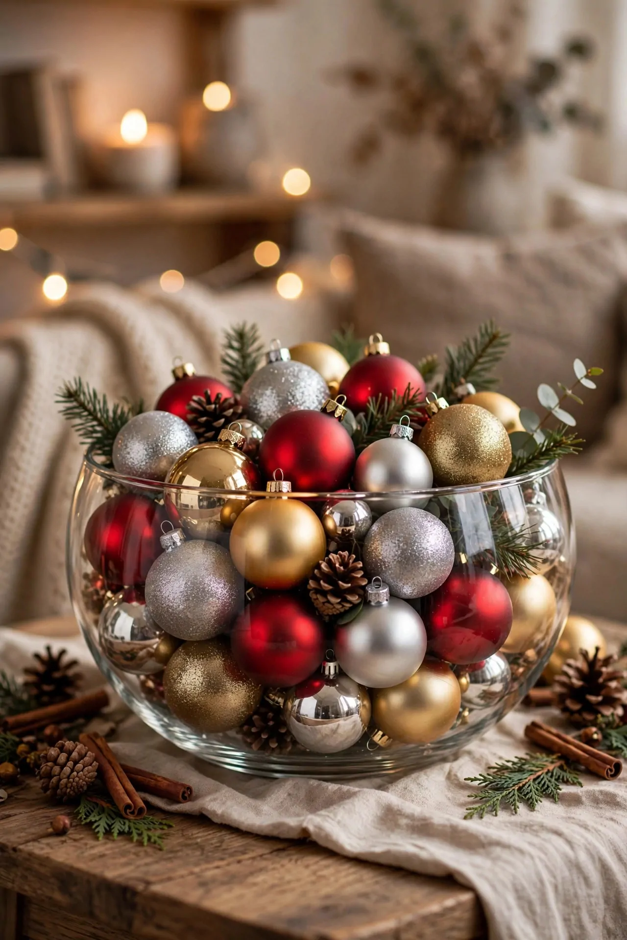 21 Christmas Centerpiece Ideas for a Festive Table 18 Large glass bowl filled with red, gold and silver Christmas ornaments