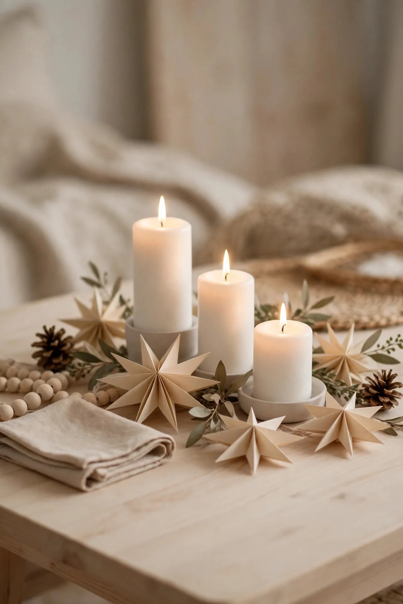 21 Christmas Centerpiece Ideas for a Festive Table 19 Minimal Scandinavian Christmas centerpiece with white candles, pale wood and paper stars