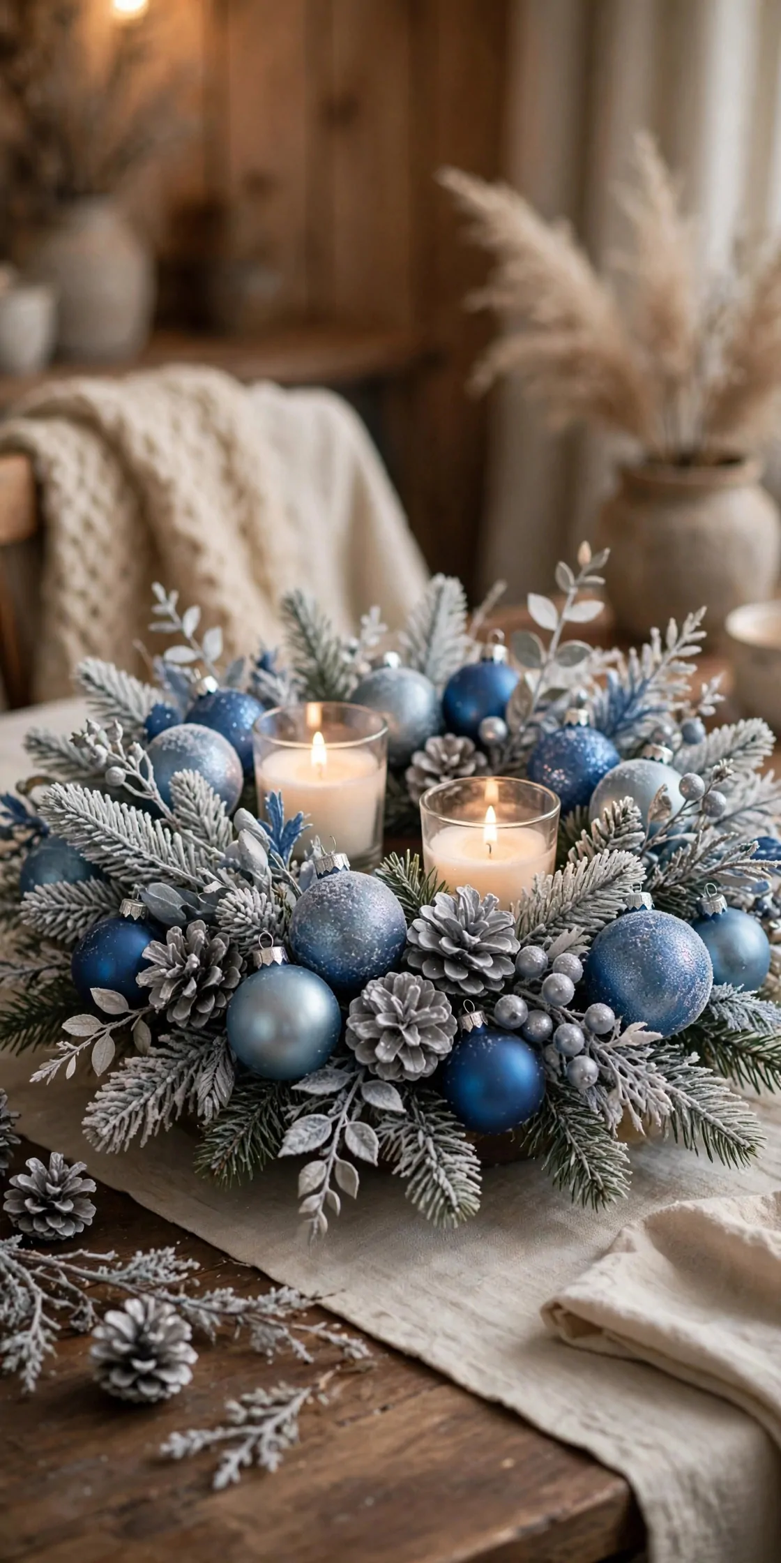 21 Christmas Centerpiece Ideas for a Festive Table 20 Blue and silver frosted Christmas centerpiece with frosted branches and blue ornaments