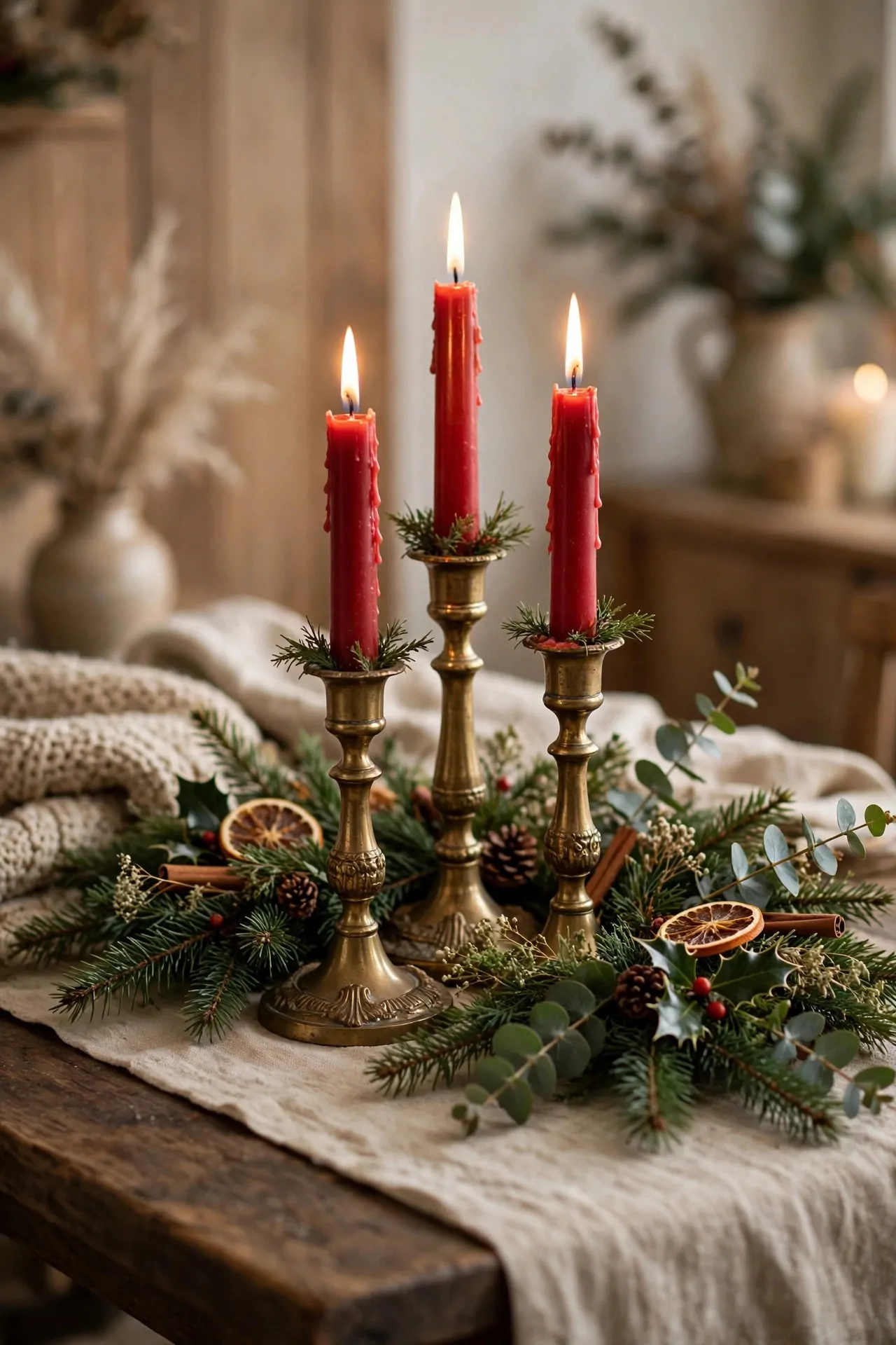 21 Christmas Centerpiece Ideas for a Festive Table 21 Vintage brass candlesticks with red taper candles and greenery