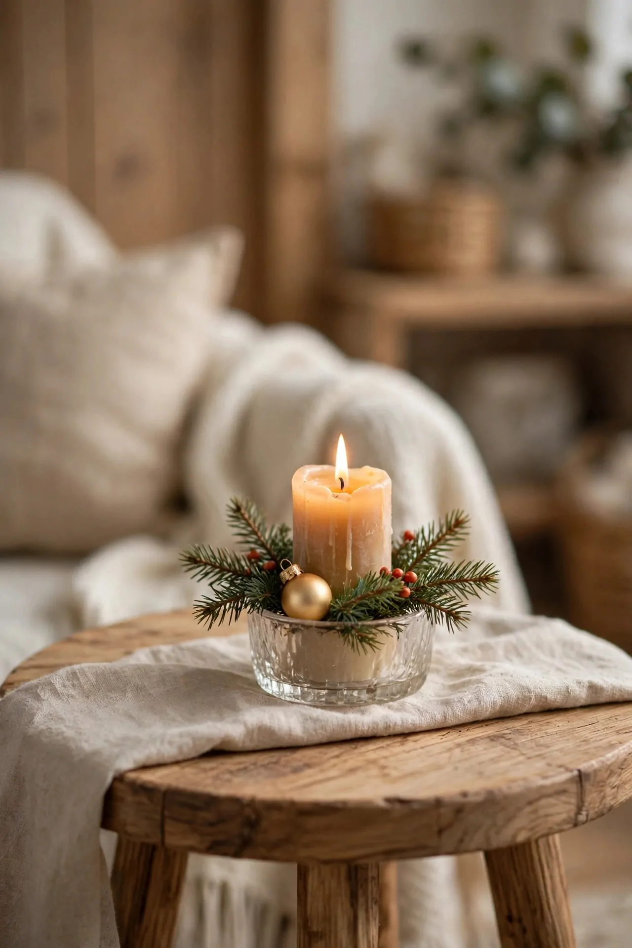 21 Christmas Centerpiece Ideas for a Festive Table 22 Small breakfast table centerpiece with a single candle, evergreen sprig and tiny ornament