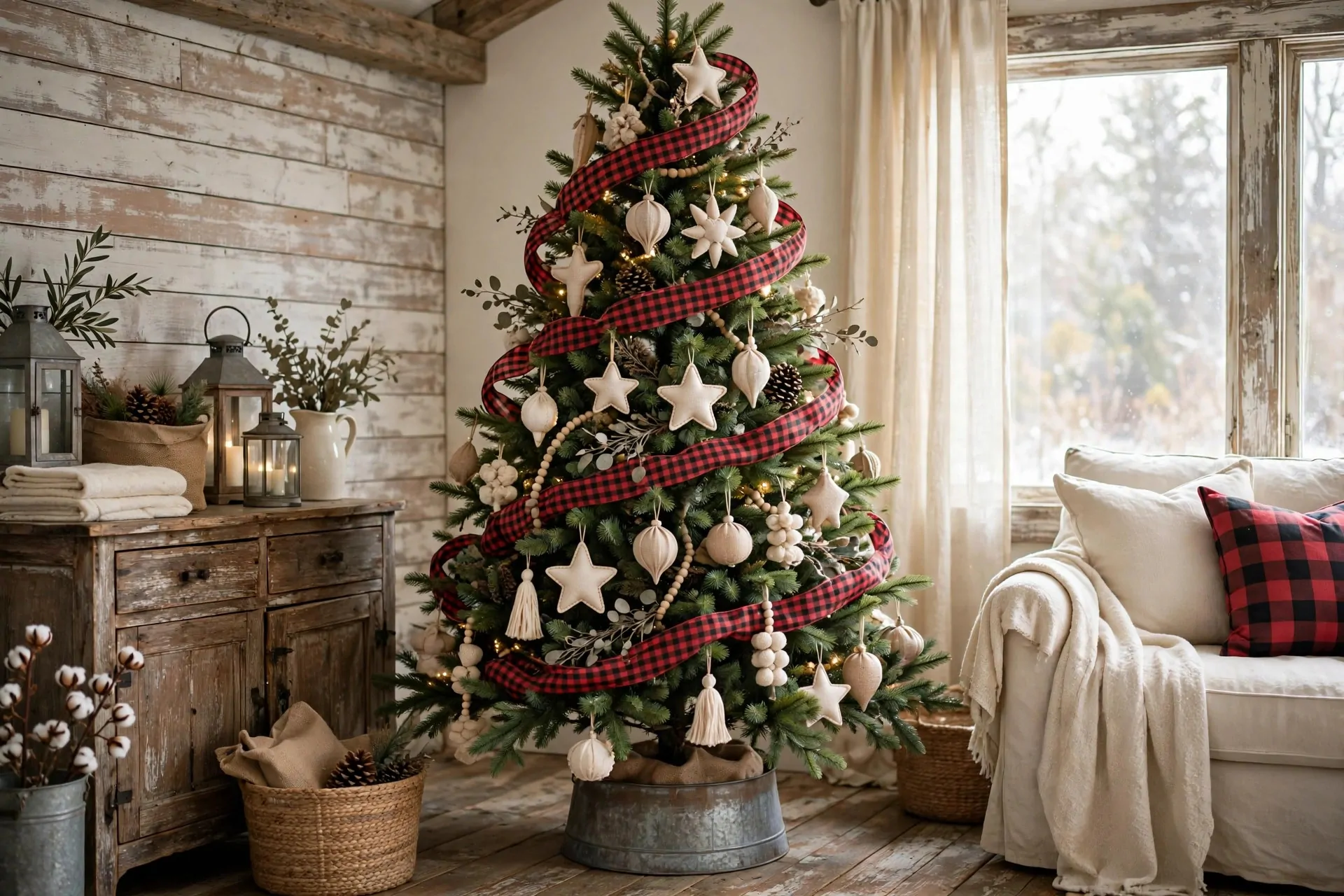 24 Farmhouse Christmas Decor Ideas (Rustic and Cozy) 2 Christmas tree with burlap wrapped base and rustic farmhouse ornaments