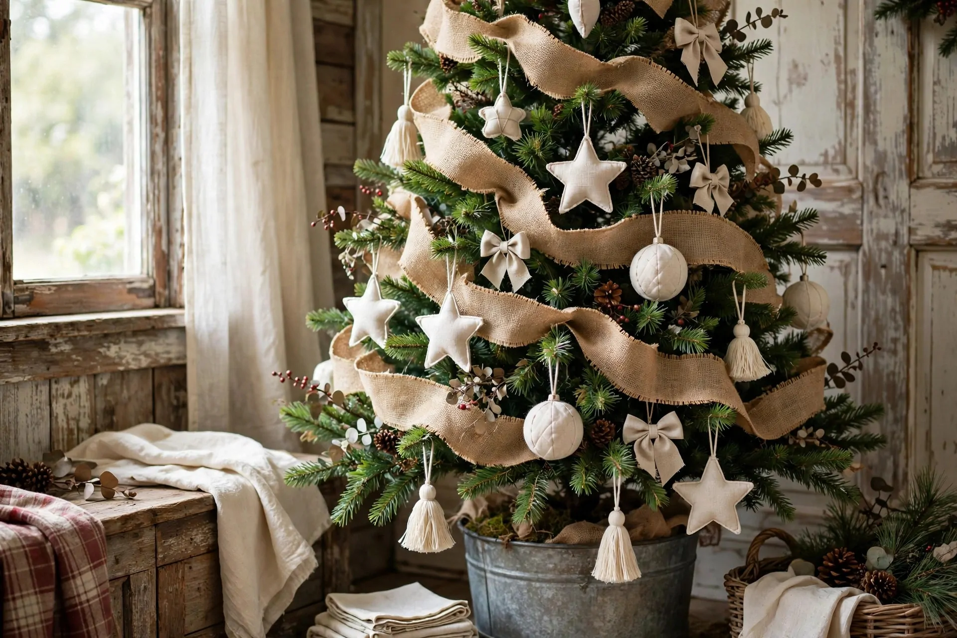 24 Farmhouse Christmas Decor Ideas (Rustic and Cozy) 4 Small Christmas tree in galvanized metal bucket planter with pinecones