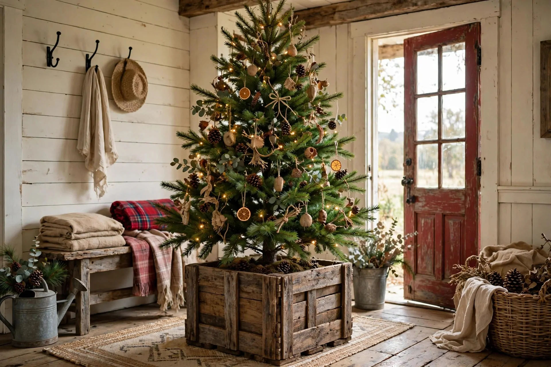 24 Farmhouse Christmas Decor Ideas (Rustic and Cozy) 5 Christmas tree decorated with natural wooden bead garland
