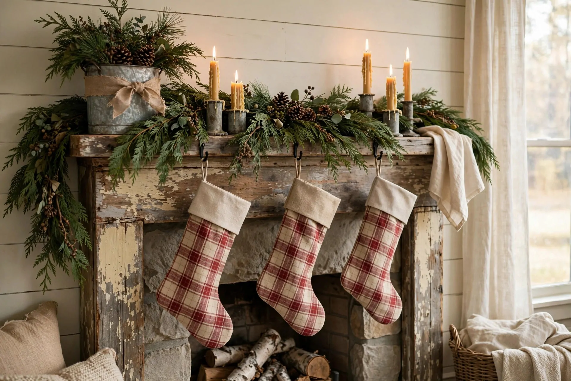 24 Farmhouse Christmas Decor Ideas (Rustic and Cozy) 6 Wooden dough bowl filled with pinecones and greenery as Christmas centerpiece