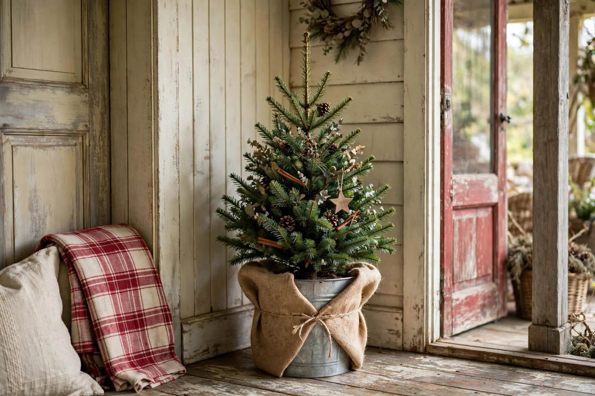 24 Farmhouse Christmas Decor Ideas (Rustic and Cozy) 9 Vintage red toy truck carrying a small Christmas tree on farmhouse table