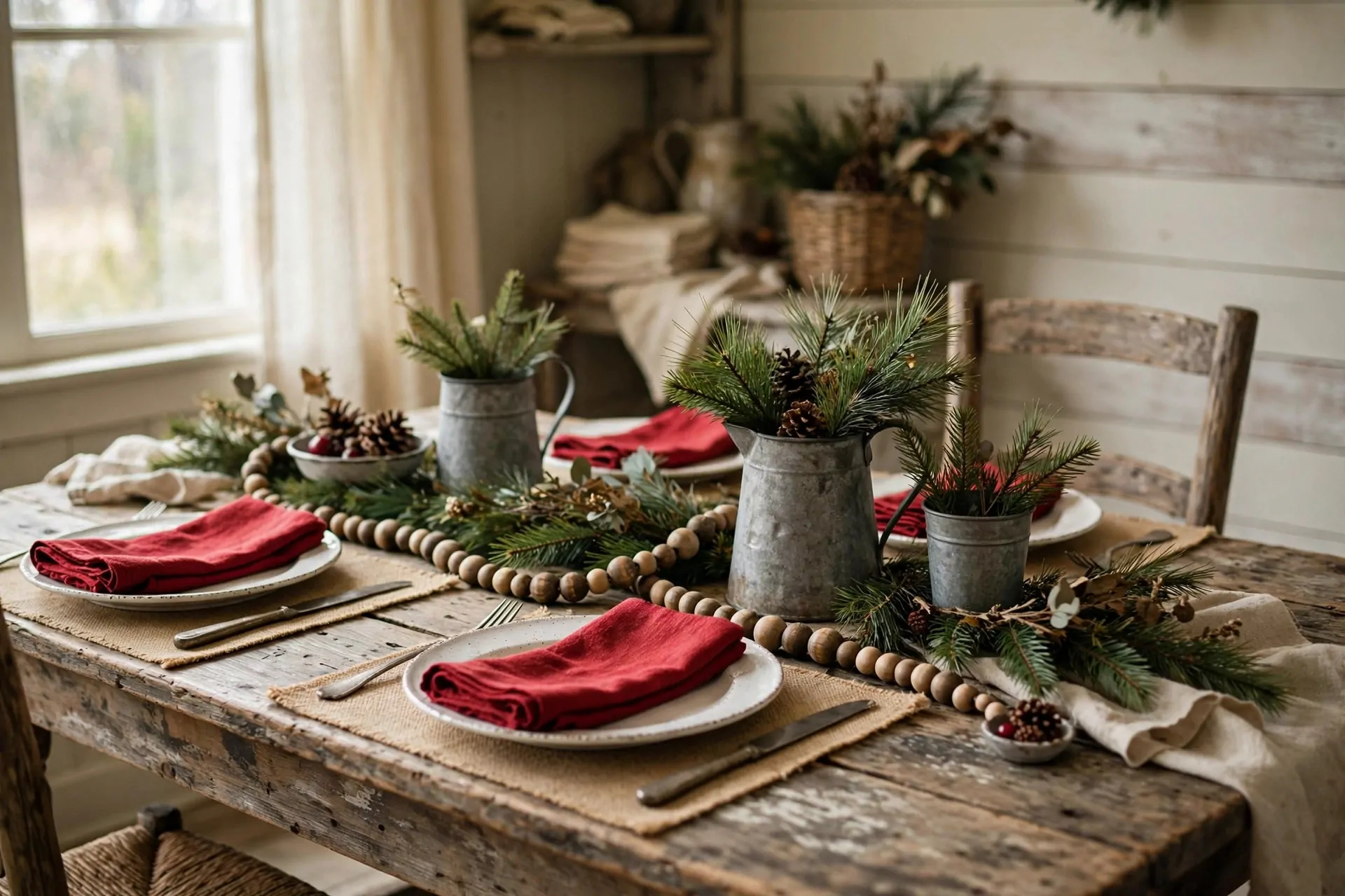 24 Farmhouse Christmas Decor Ideas (Rustic and Cozy) 10 Evergreen wreath with red buffalo plaid ribbon bow on wooden front door