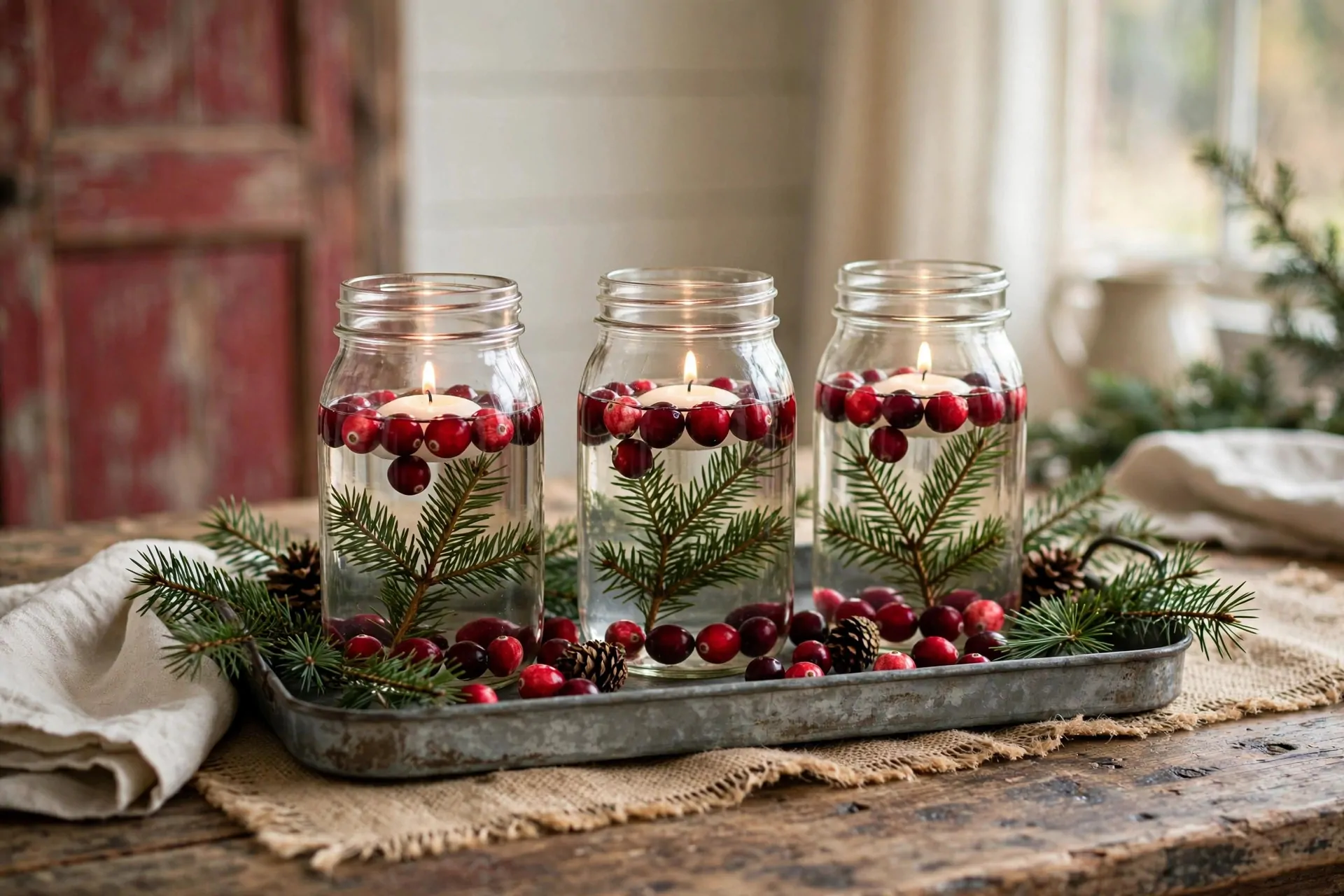 24 Farmhouse Christmas Decor Ideas (Rustic and Cozy) 11 Mason jars with candles and twine bows glowing on Christmas table