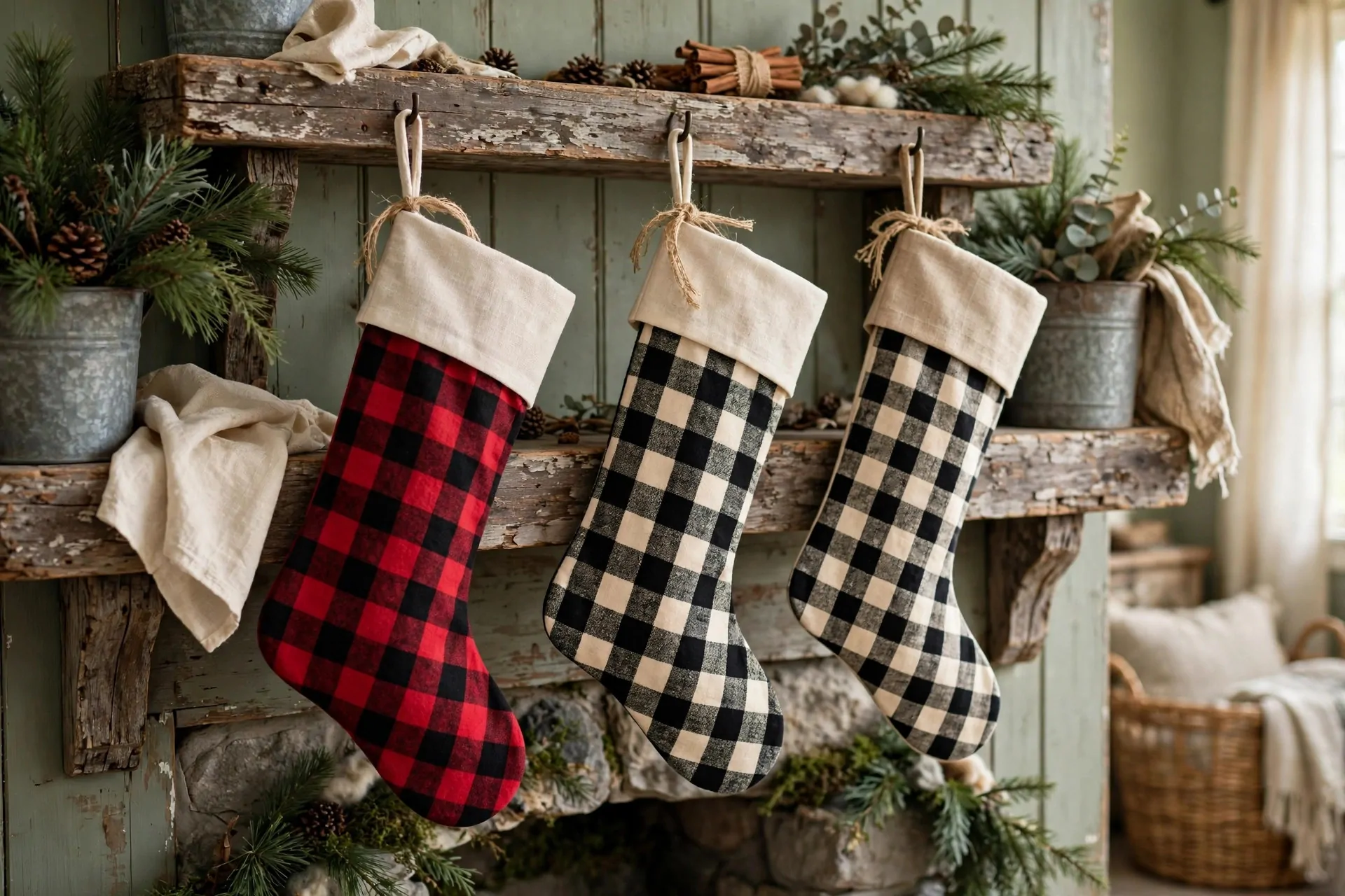 24 Farmhouse Christmas Decor Ideas (Rustic and Cozy) 12 Farmhouse kitchen open shelves decorated with mini wreaths and greenery for Christmas