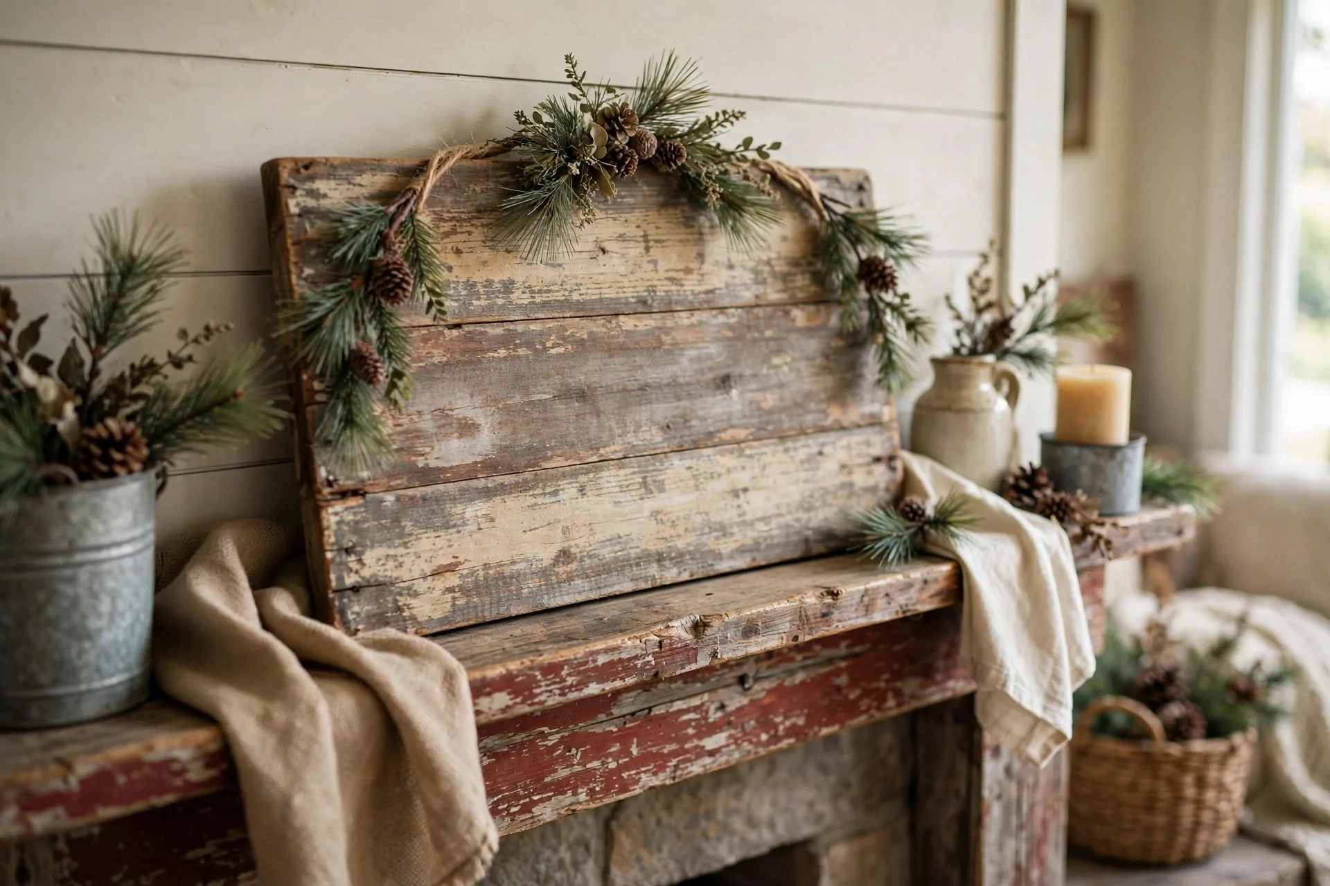 24 Farmhouse Christmas Decor Ideas (Rustic and Cozy) 13 Chunky knit Christmas stockings hanging from rustic wooden mantel