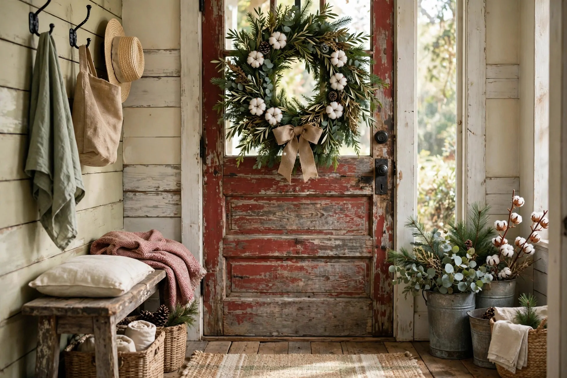 24 Farmhouse Christmas Decor Ideas (Rustic and Cozy) 14 Wooden crates stacked with wrapped Christmas gifts in farmhouse living room