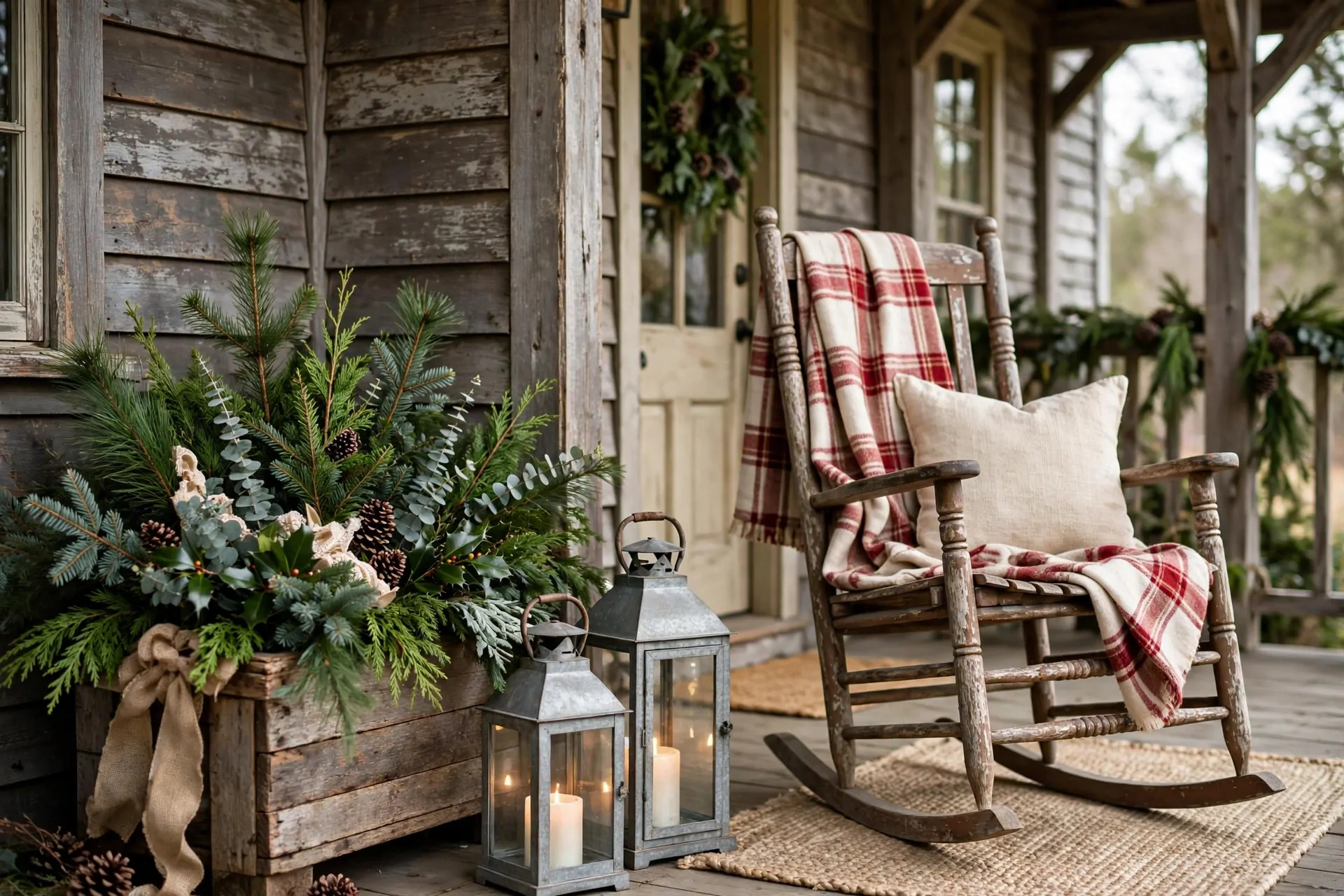 24 Farmhouse Christmas Decor Ideas (Rustic and Cozy) 18 Farmhouse front porch with rocking chairs, plaid pillows, and Christmas garland