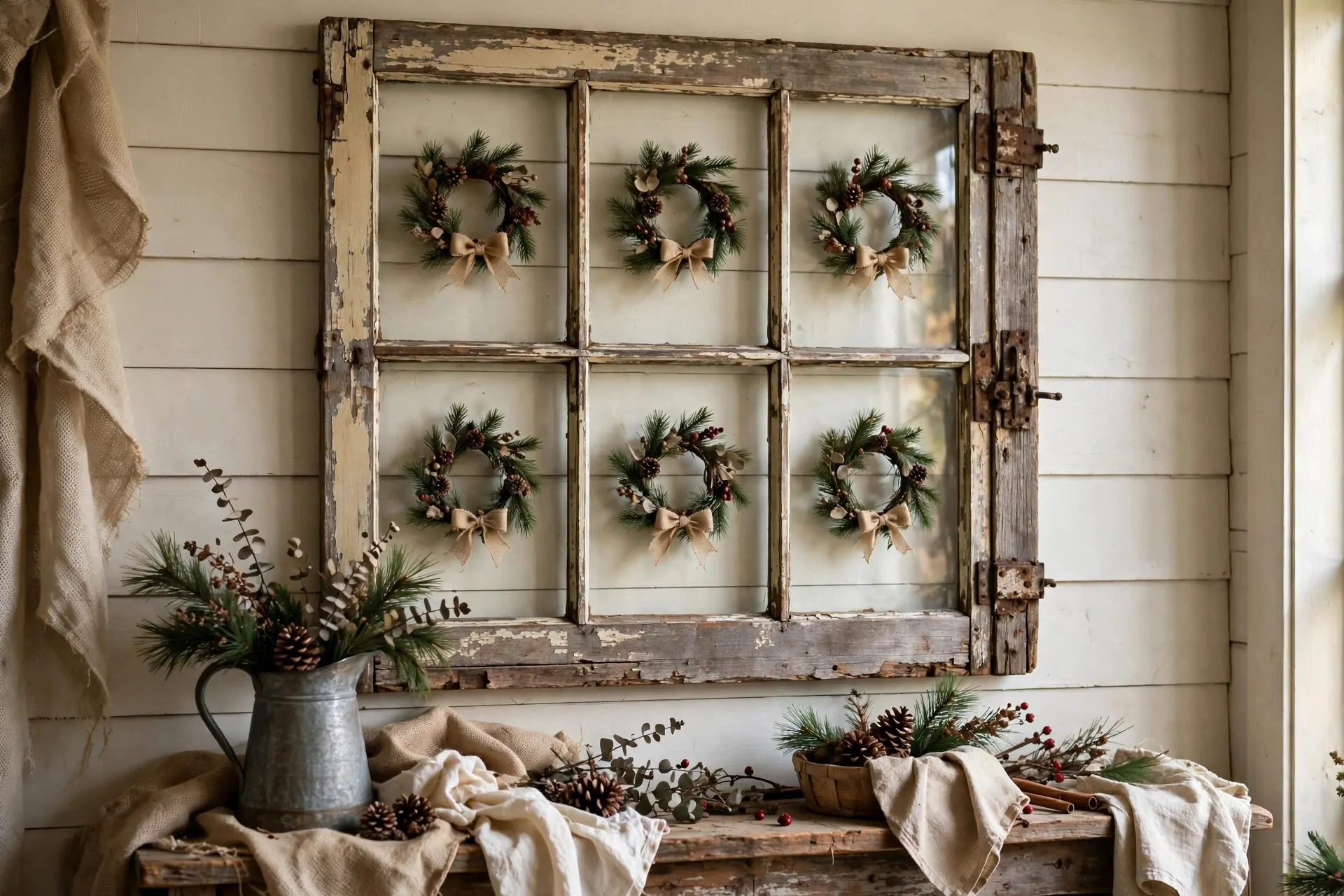 24 Farmhouse Christmas Decor Ideas (Rustic and Cozy) 21 Vintage wooden sled decorated with greenery beside farmhouse fireplace