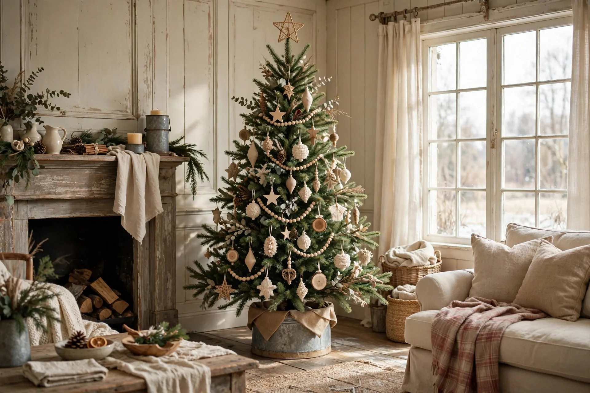 24 Farmhouse Christmas Decor Ideas (Rustic and Cozy) 22 Collection of whitewashed mini Christmas trees on farmhouse sideboard