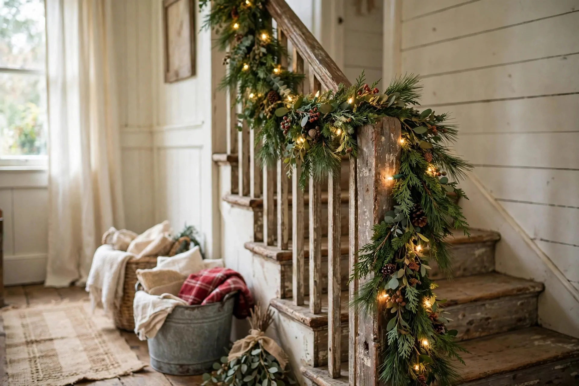 24 Farmhouse Christmas Decor Ideas (Rustic and Cozy) 23 Grain sack fabric stockings with stenciled numbers hanging on farmhouse wall