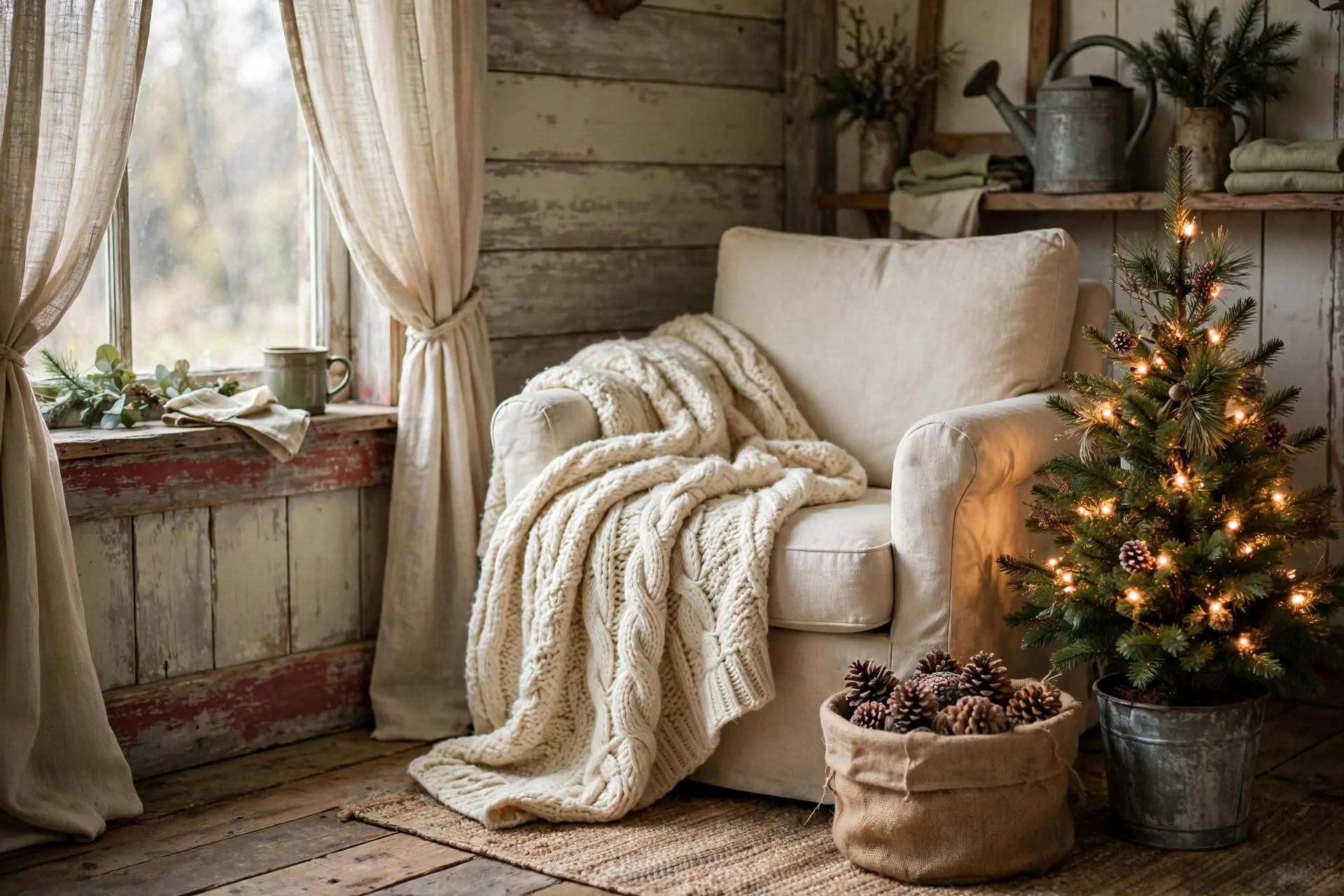 24 Farmhouse Christmas Decor Ideas (Rustic and Cozy) 25 Rustic lanterns with warm fairy lights lining farmhouse porch steps at dusk