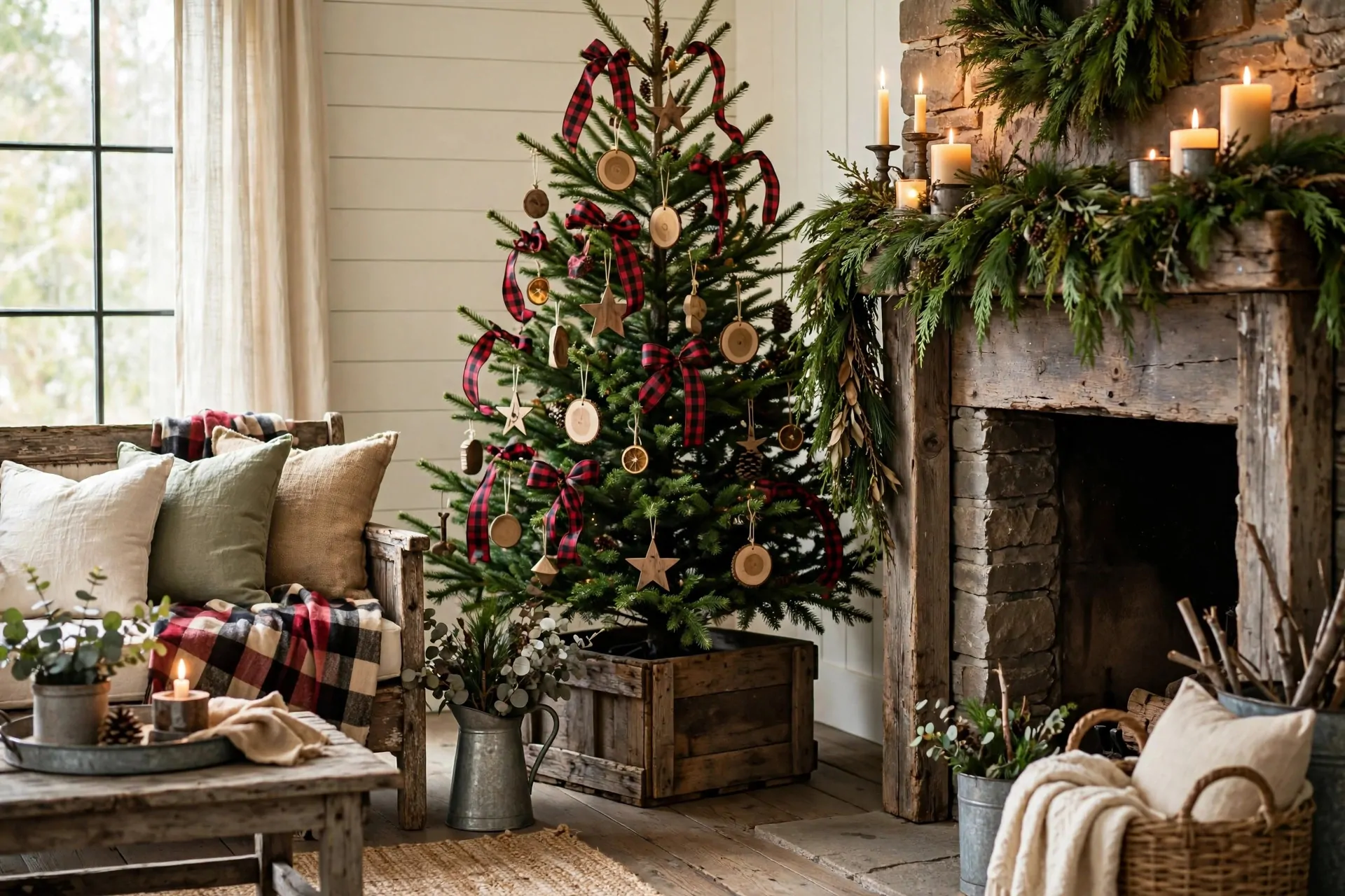 Farmhouse Christmas living room with rustic decor and plaid accents