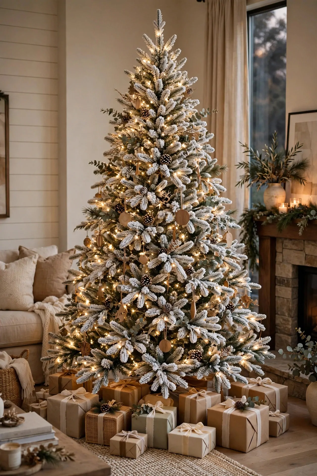20 Flocked Christmas Tree Ideas (Snowy and Elegant) 2 Classic flocked Christmas tree with warm white lights glowing in a living room