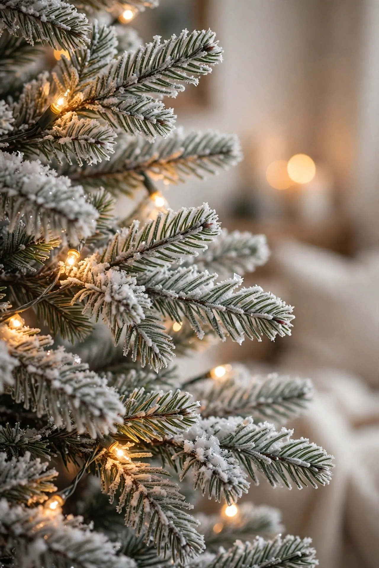 20 Flocked Christmas Tree Ideas (Snowy and Elegant) 3 Close-up of snowy flocked branches with a few simple ornaments and warm lights