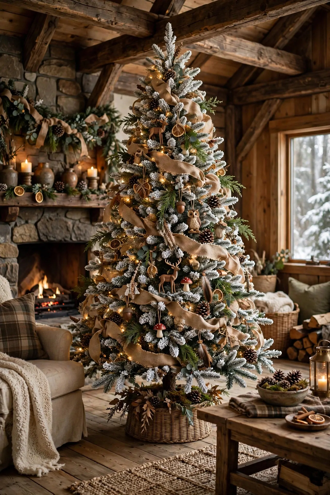 20 Flocked Christmas Tree Ideas (Snowy and Elegant) 4 Rustic woodland flocked tree with pinecones, burlap ribbon and bird ornaments