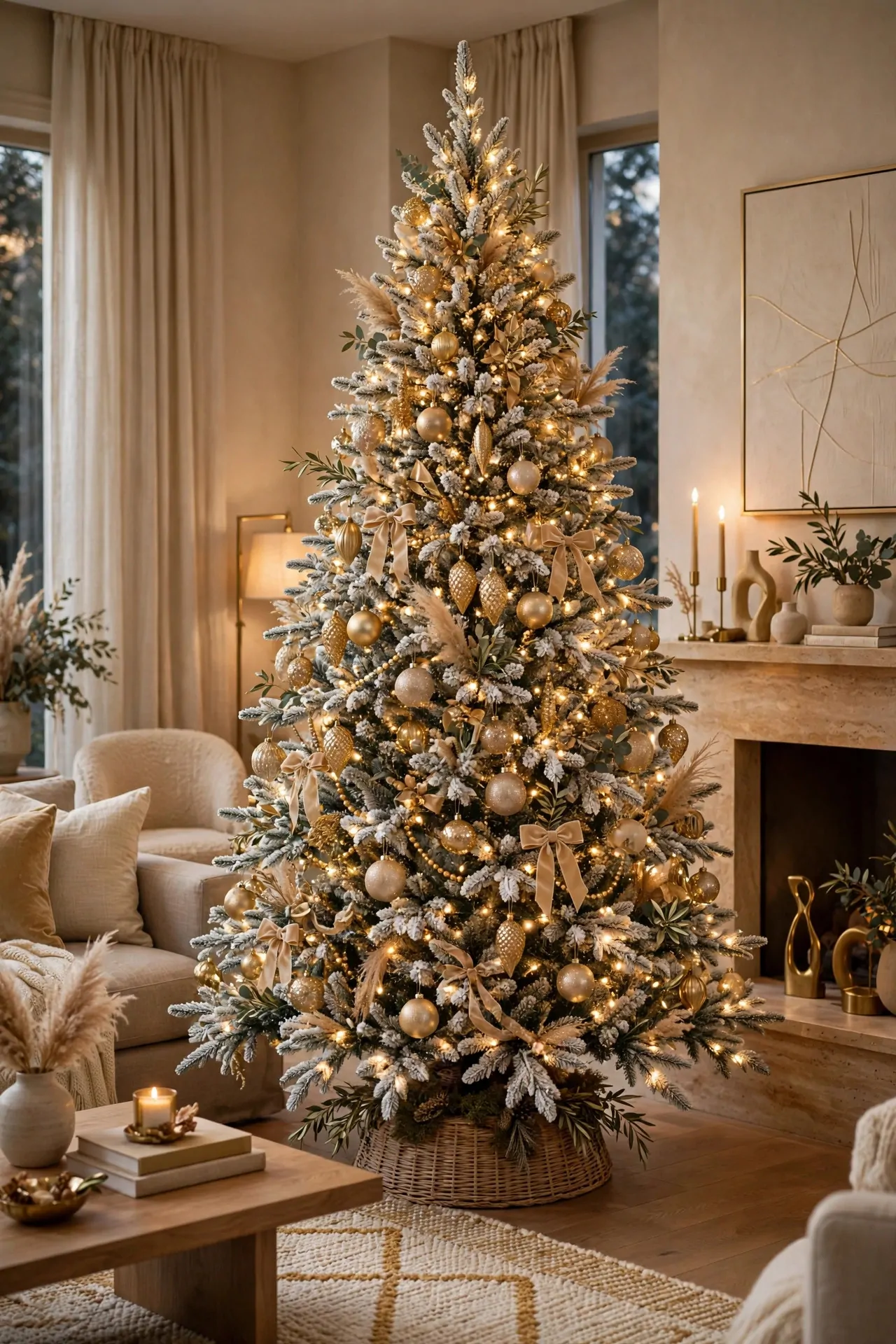 20 Flocked Christmas Tree Ideas (Snowy and Elegant) 5 Elegant flocked Christmas tree decorated with gold and champagne ornaments