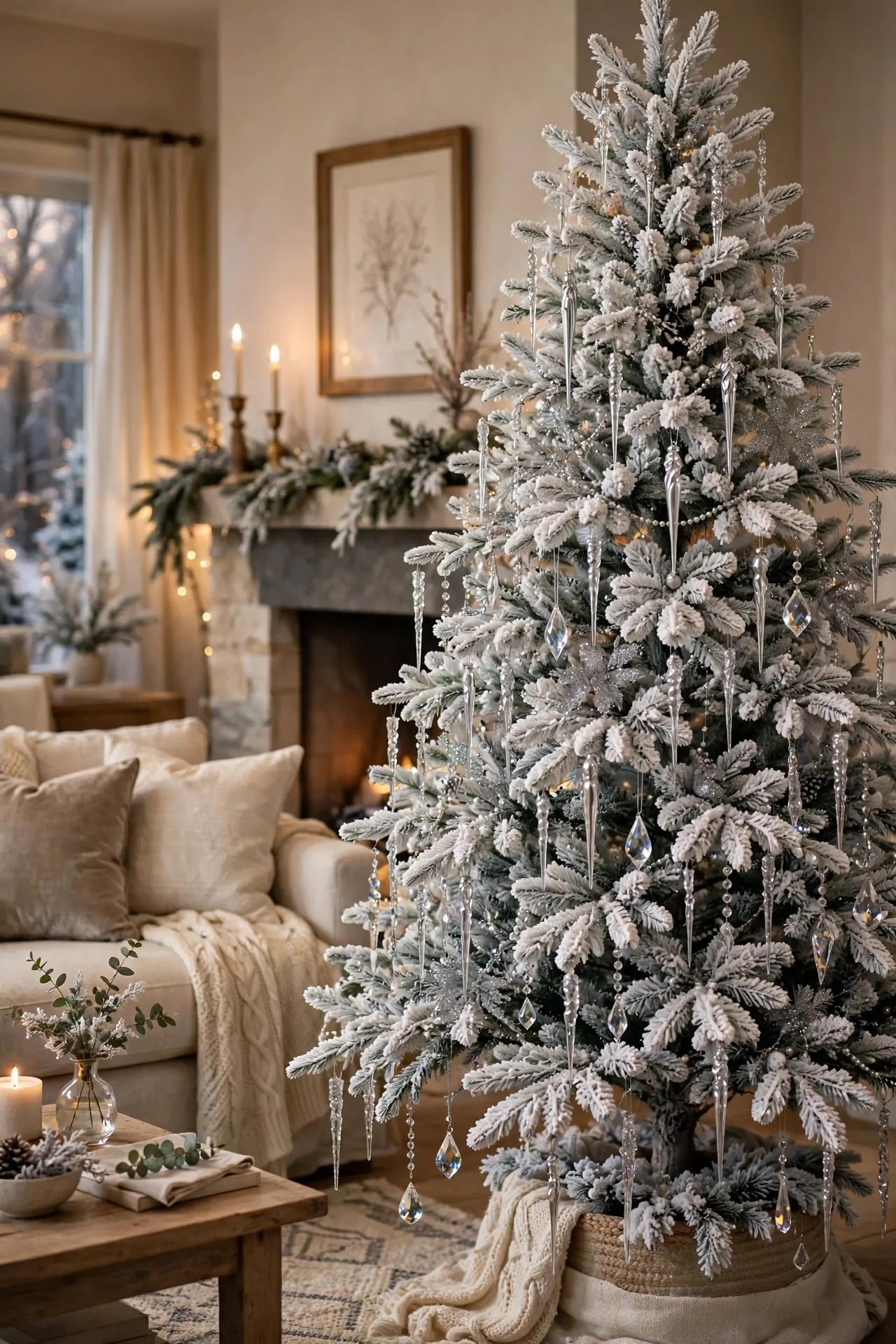20 Flocked Christmas Tree Ideas (Snowy and Elegant) 6 Flocked tree with silver icicle ornaments and crystal drops, icy winter look