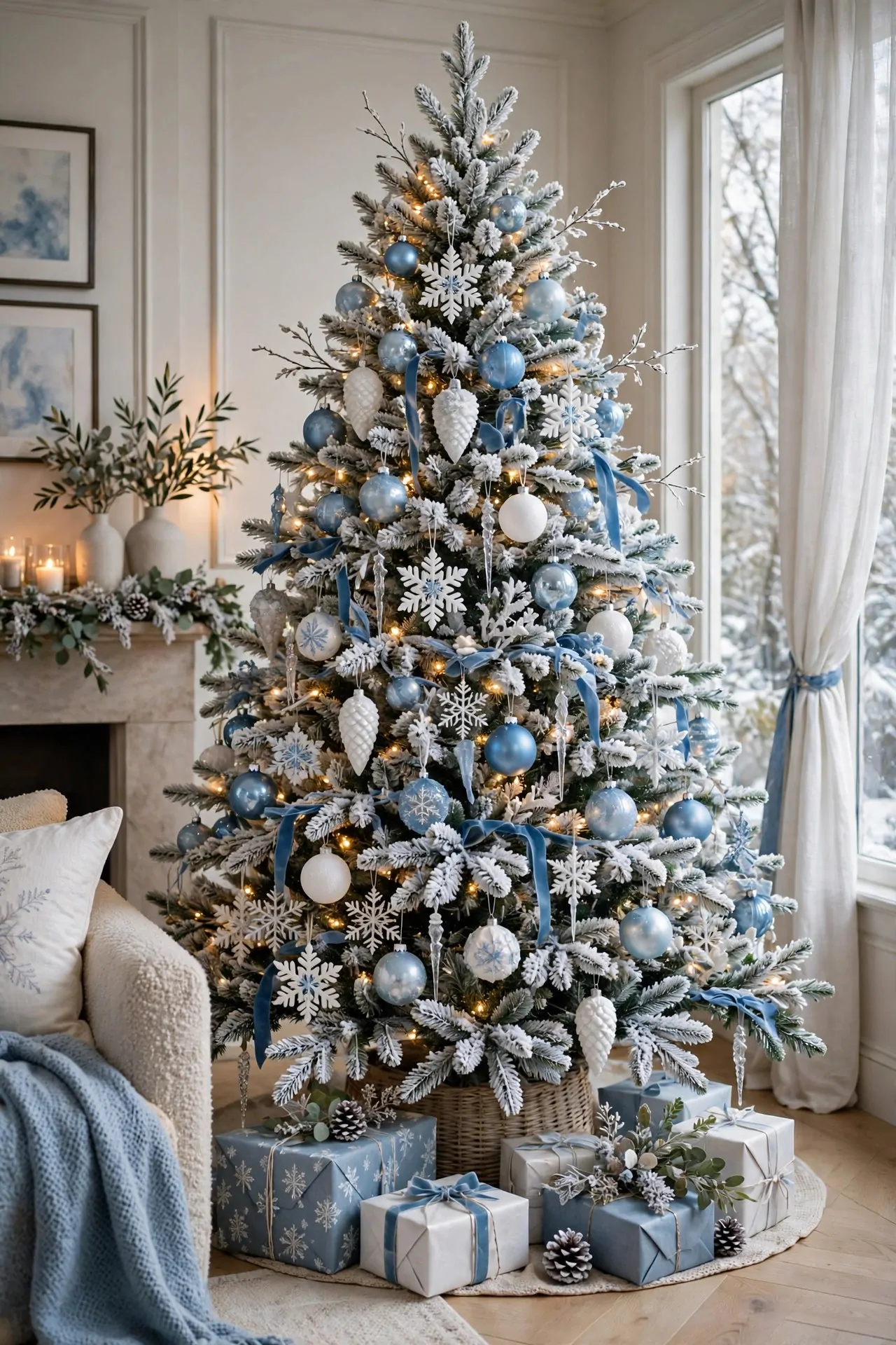 20 Flocked Christmas Tree Ideas (Snowy and Elegant) 7 Flocked Christmas tree with deep blue and white winter ornaments