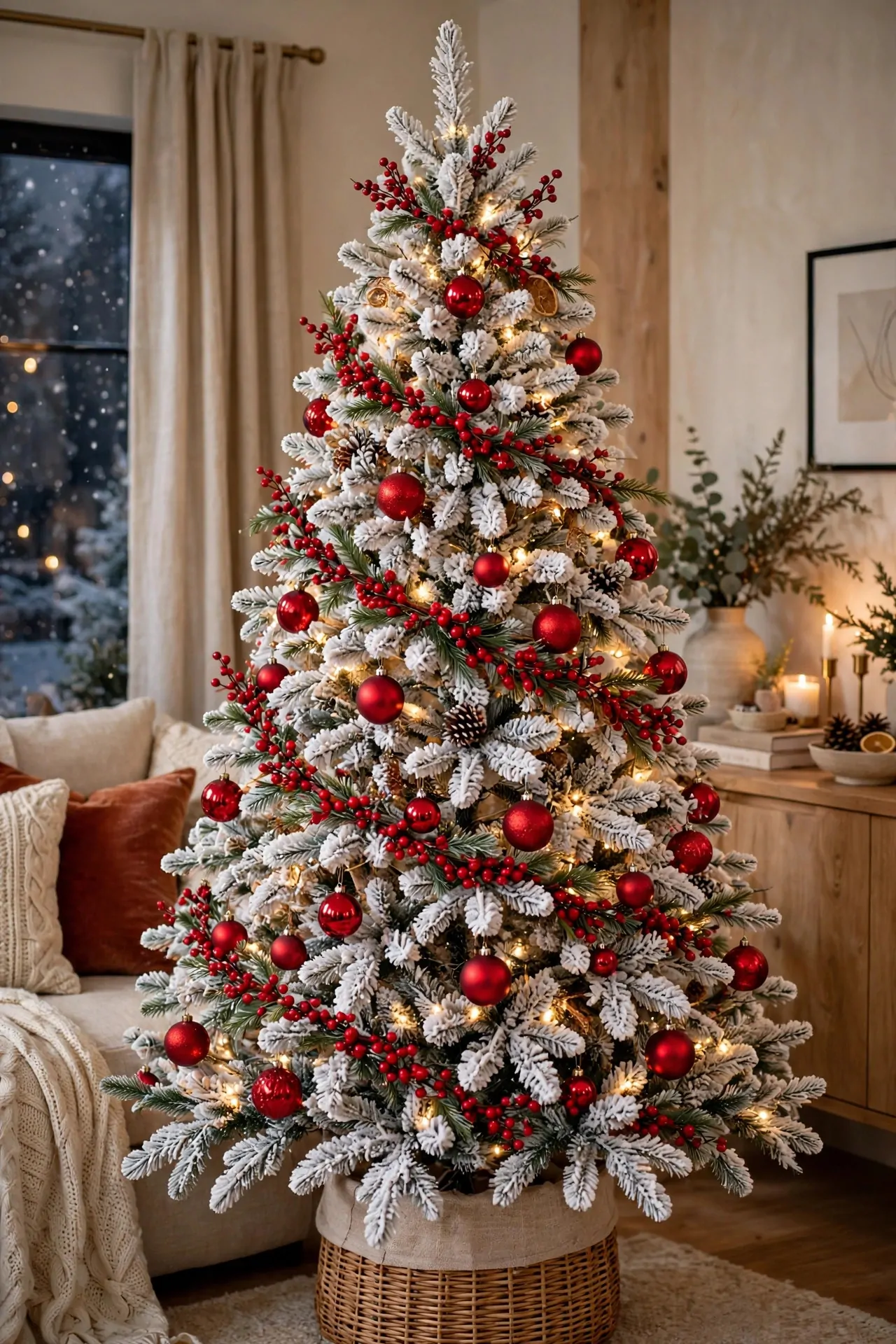 20 Flocked Christmas Tree Ideas (Snowy and Elegant) 8 Flocked tree with red ornaments and berry garlands popping against white branches