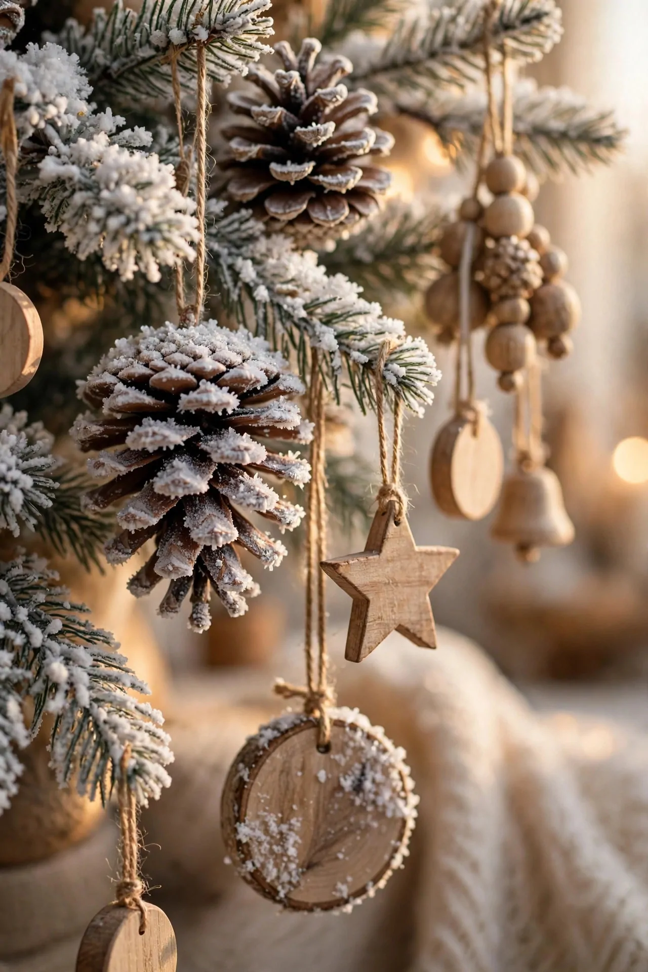 20 Flocked Christmas Tree Ideas (Snowy and Elegant) 9 Close-up of frosted pinecones, dried orange slices and eucalyptus on flocked branches