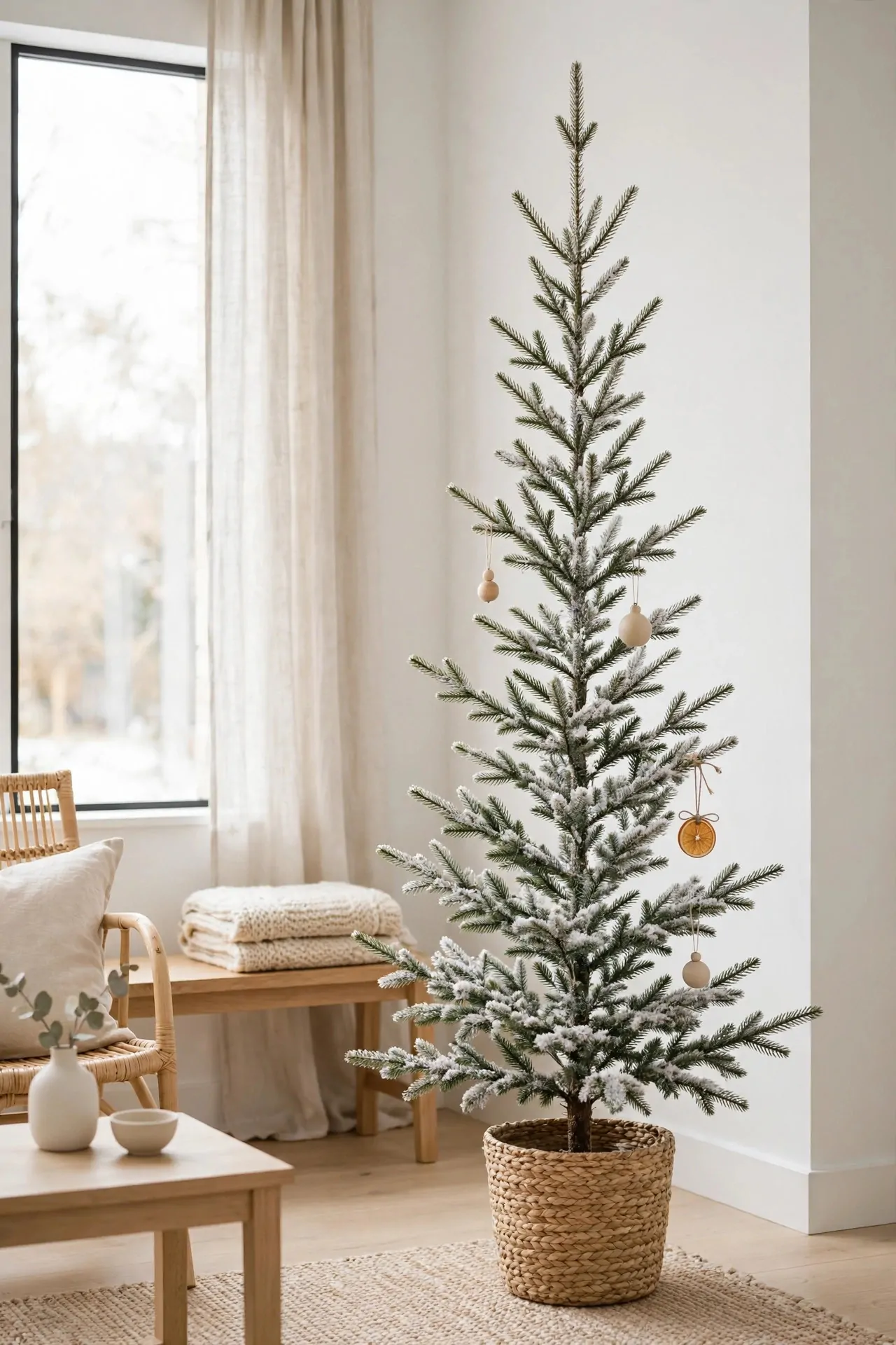 20 Flocked Christmas Tree Ideas (Snowy and Elegant) 10 Slim flocked Christmas tree in a small apartment living room with simple gold ornaments