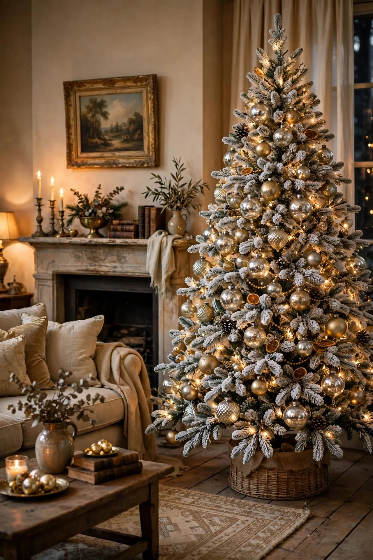 20 Flocked Christmas Tree Ideas (Snowy and Elegant) 11 Flocked tree with vintage mercury glass ornaments in gold and silver