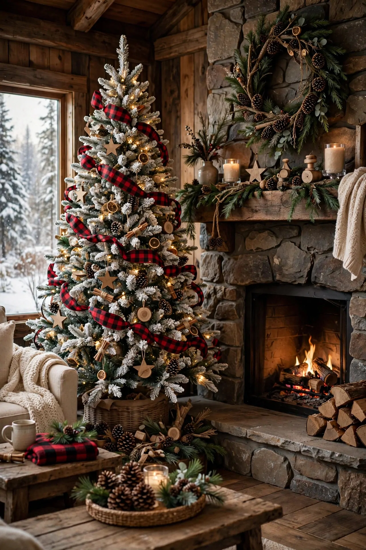 20 Flocked Christmas Tree Ideas (Snowy and Elegant) 12 Cozy flocked tree with red and black buffalo plaid ribbon in a cabin living room