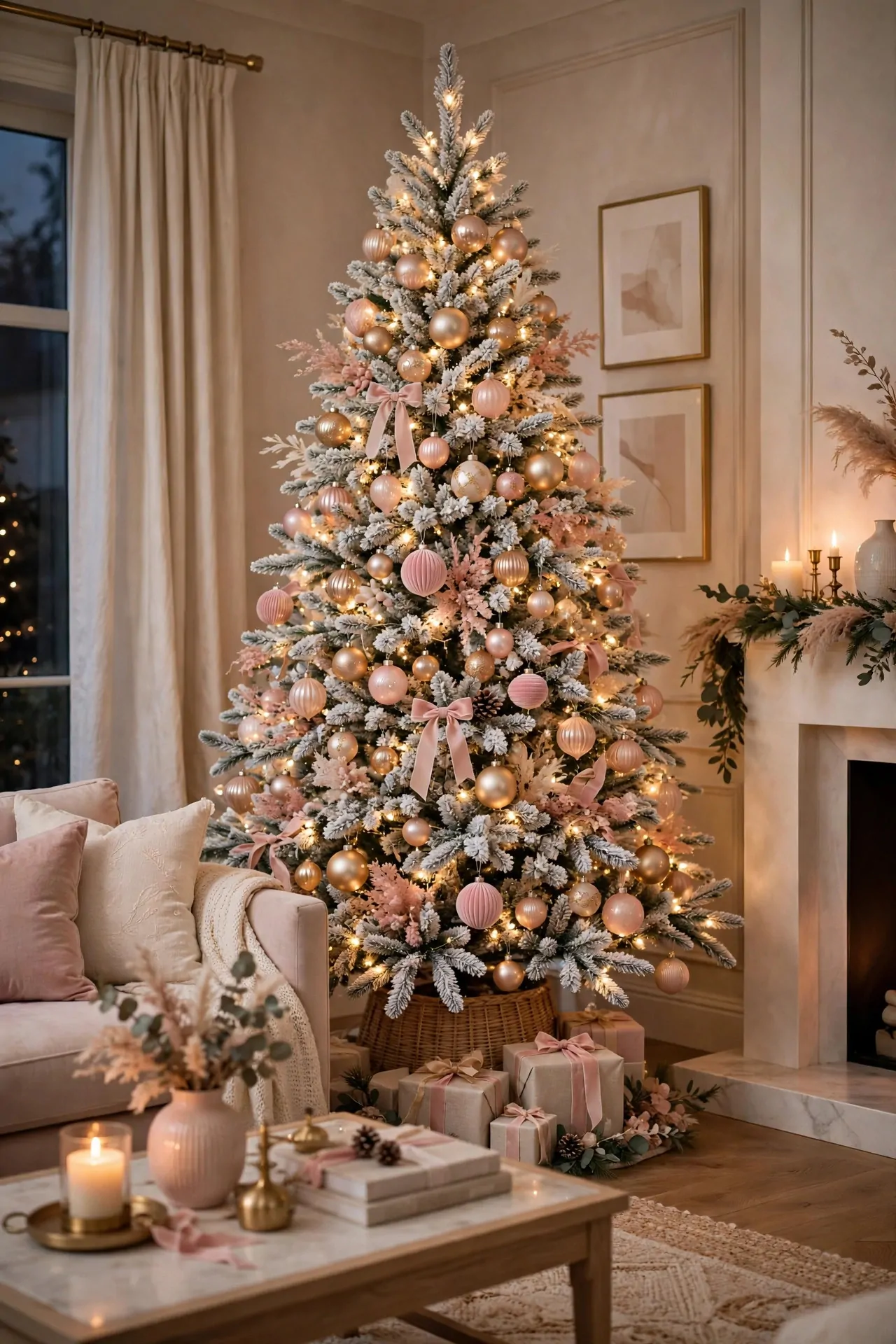 20 Flocked Christmas Tree Ideas (Snowy and Elegant) 13 Flocked Christmas tree with champagne and blush pink ornaments, soft glow