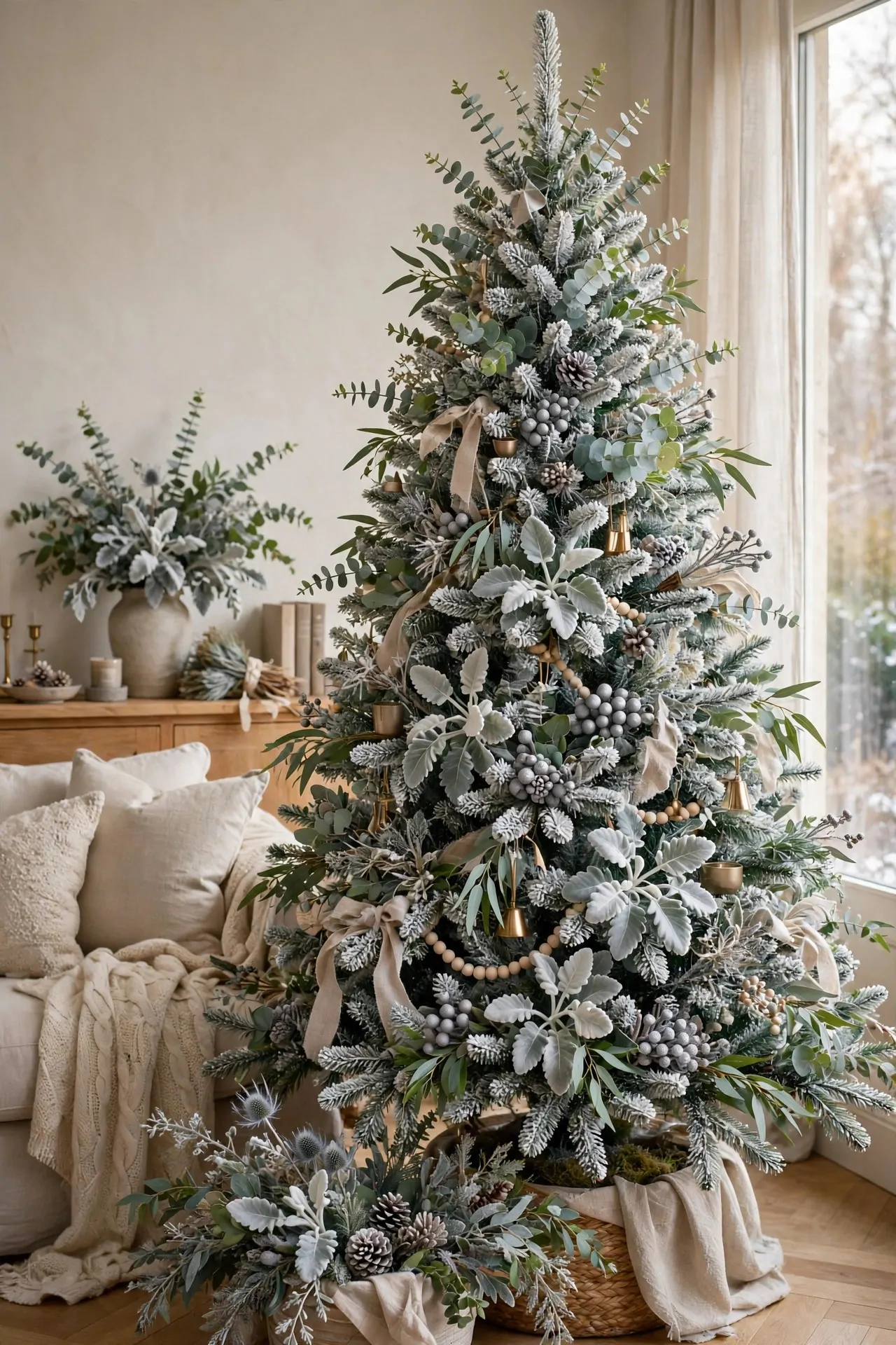 20 Flocked Christmas Tree Ideas (Snowy and Elegant) 14 Flocked tree decorated with frosted eucalyptus sprigs and silvery greenery