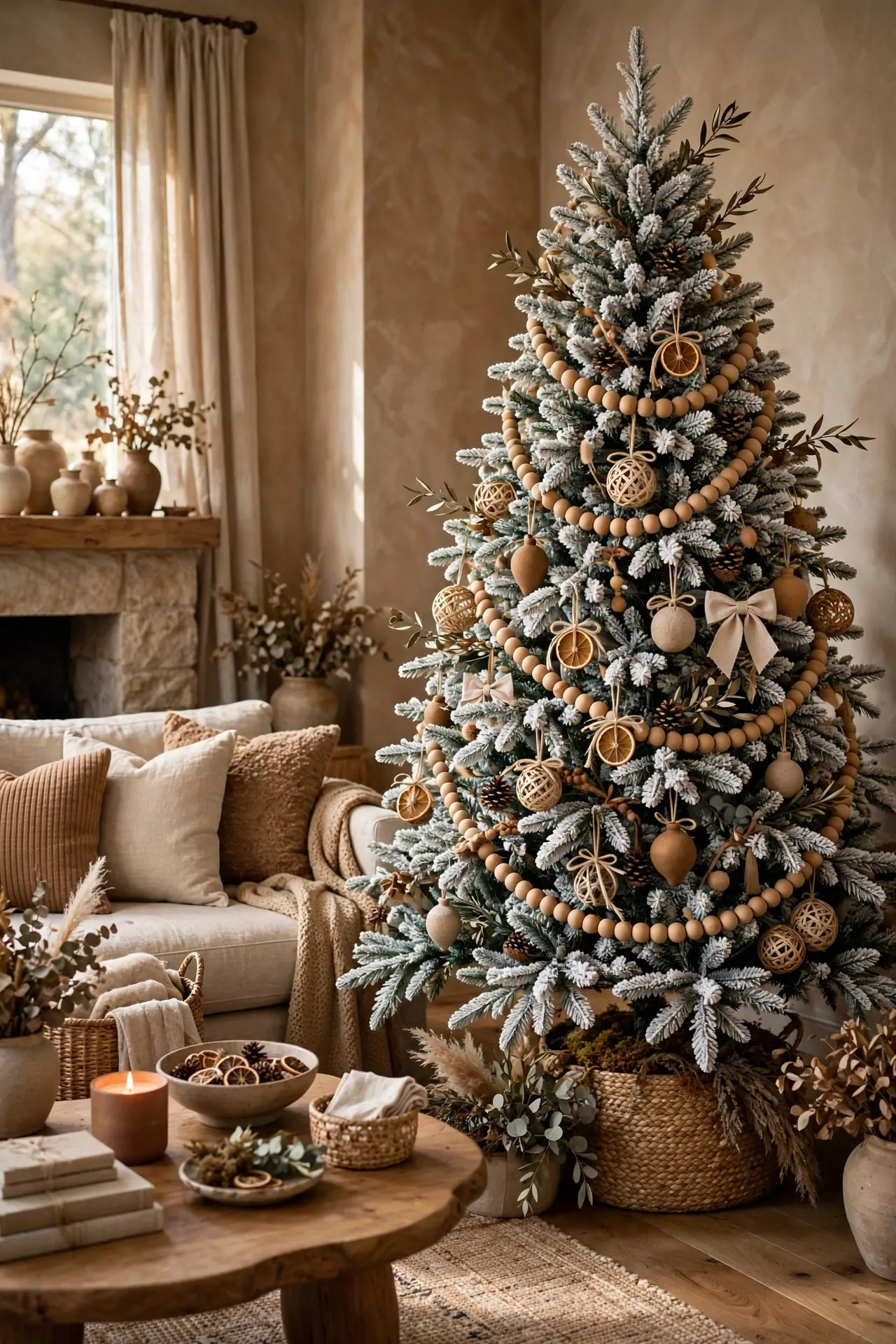20 Flocked Christmas Tree Ideas (Snowy and Elegant) 15 Flocked tree with wooden bead garlands and neutral cream ornaments