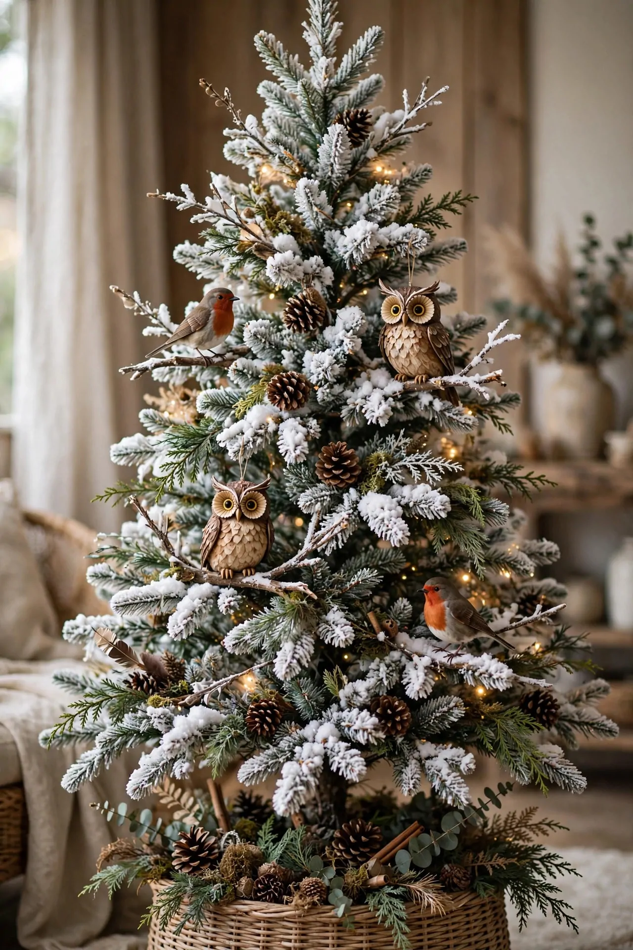 20 Flocked Christmas Tree Ideas (Snowy and Elegant) 16 Flocked tree with woodland bird and owl ornaments, storybook forest theme