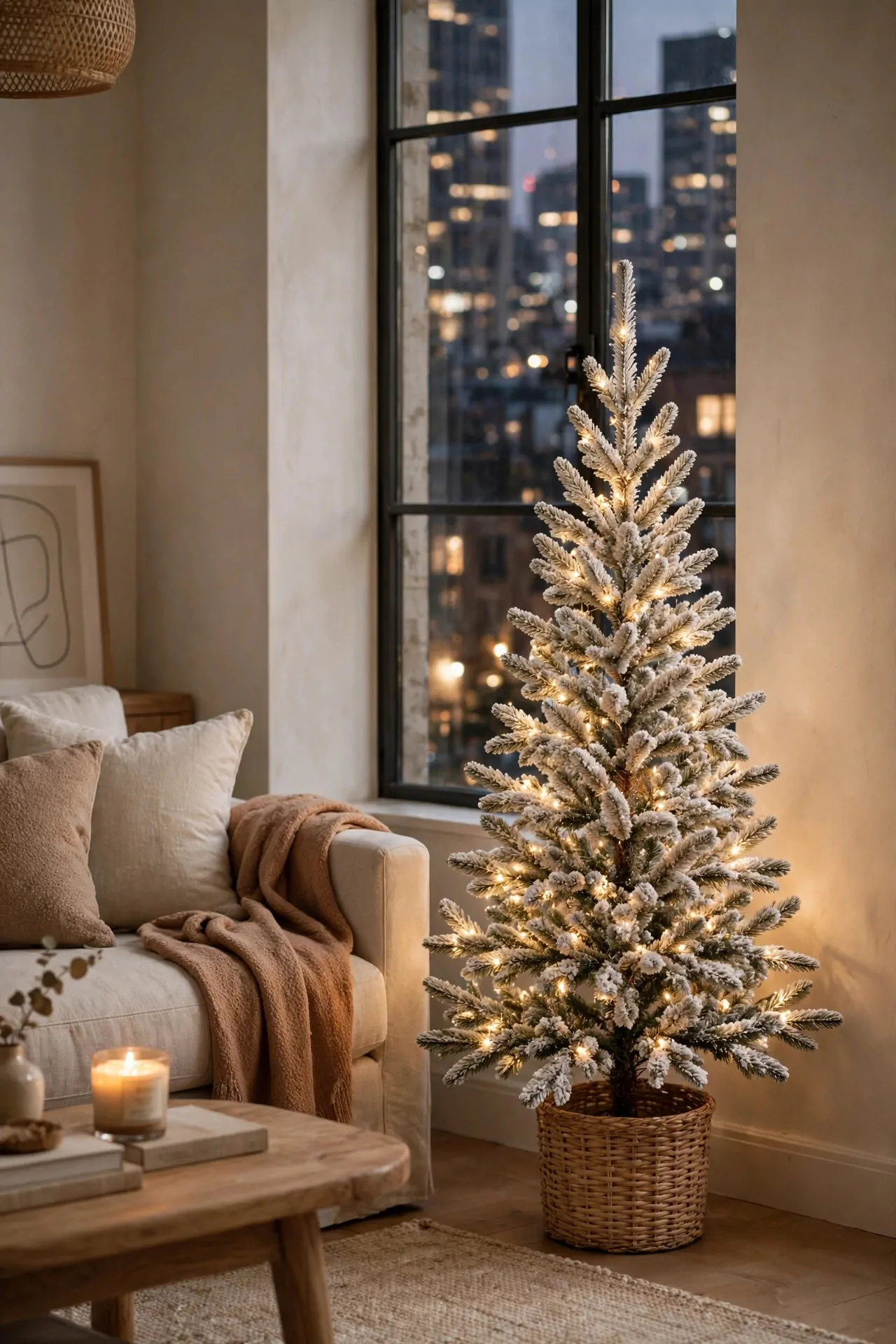 20 Flocked Christmas Tree Ideas (Snowy and Elegant) 17 Small flocked Christmas tree styled in a home entryway with lanterns
