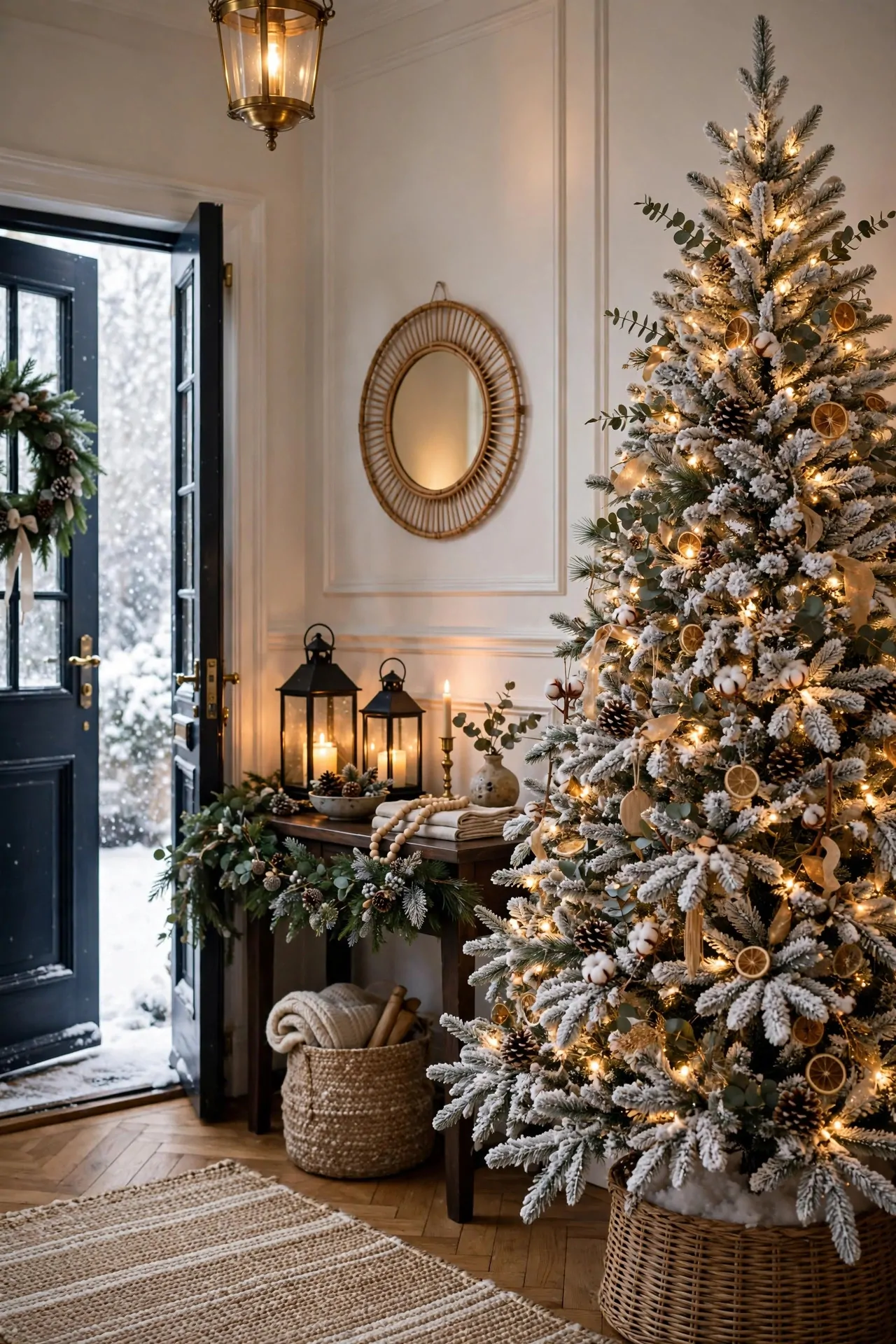 20 Flocked Christmas Tree Ideas (Snowy and Elegant) 18 Modern flocked tree with black and white ornaments and striped ribbon