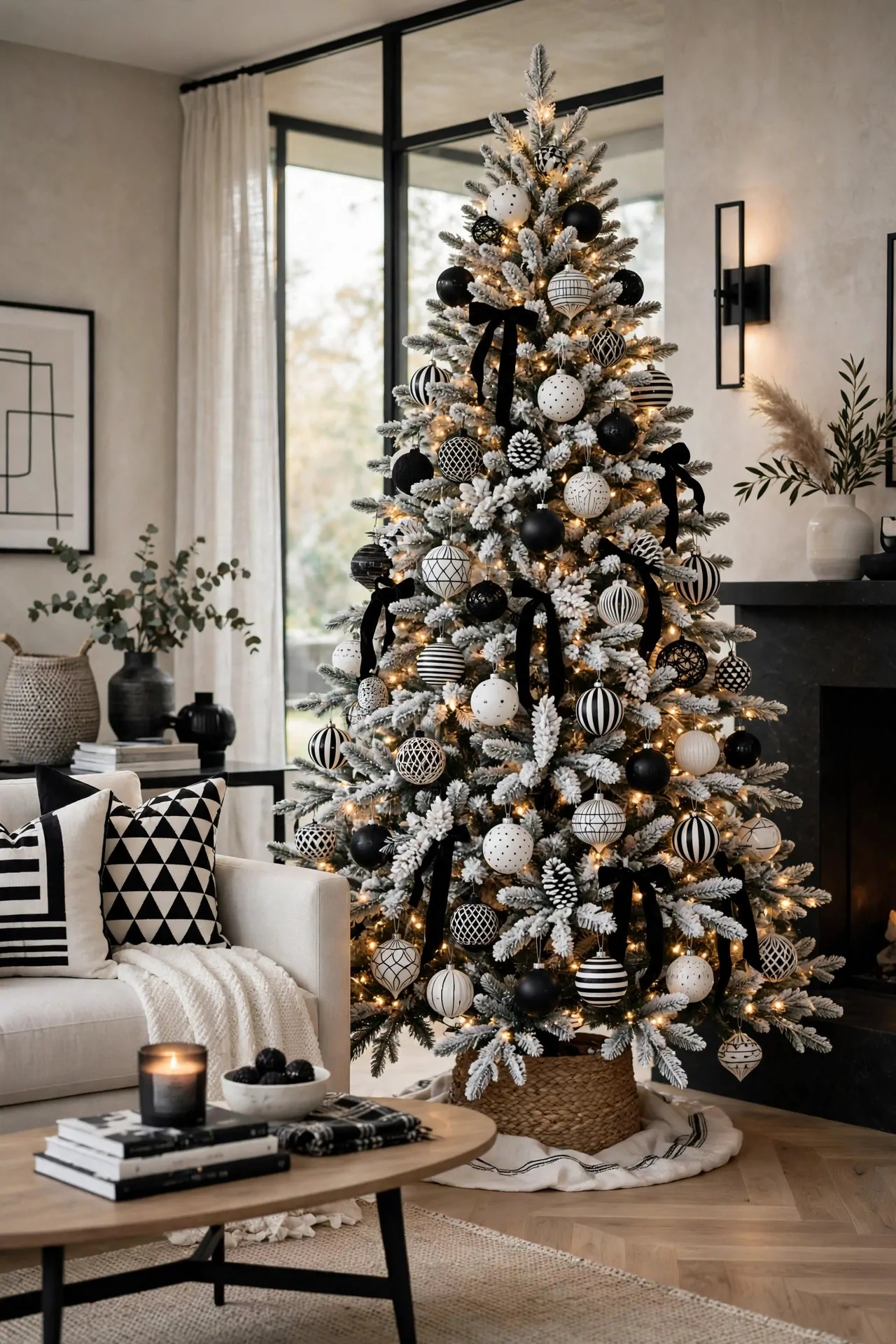 20 Flocked Christmas Tree Ideas (Snowy and Elegant) 19 Flocked tree with deep green velvet ribbon cascading down and gold ornaments