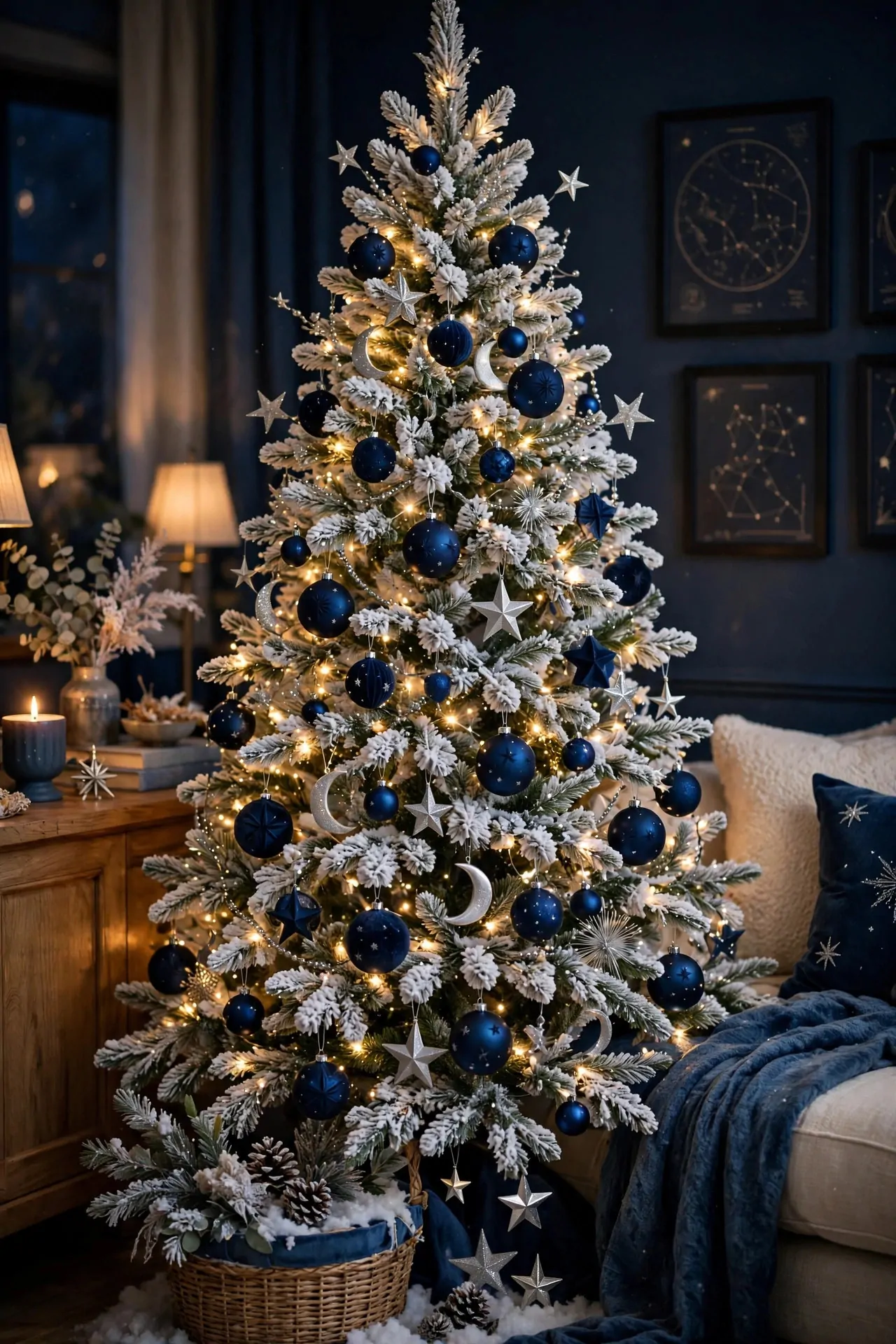 20 Flocked Christmas Tree Ideas (Snowy and Elegant) 21 Base of a flocked Christmas tree with a white faux fur tree skirt