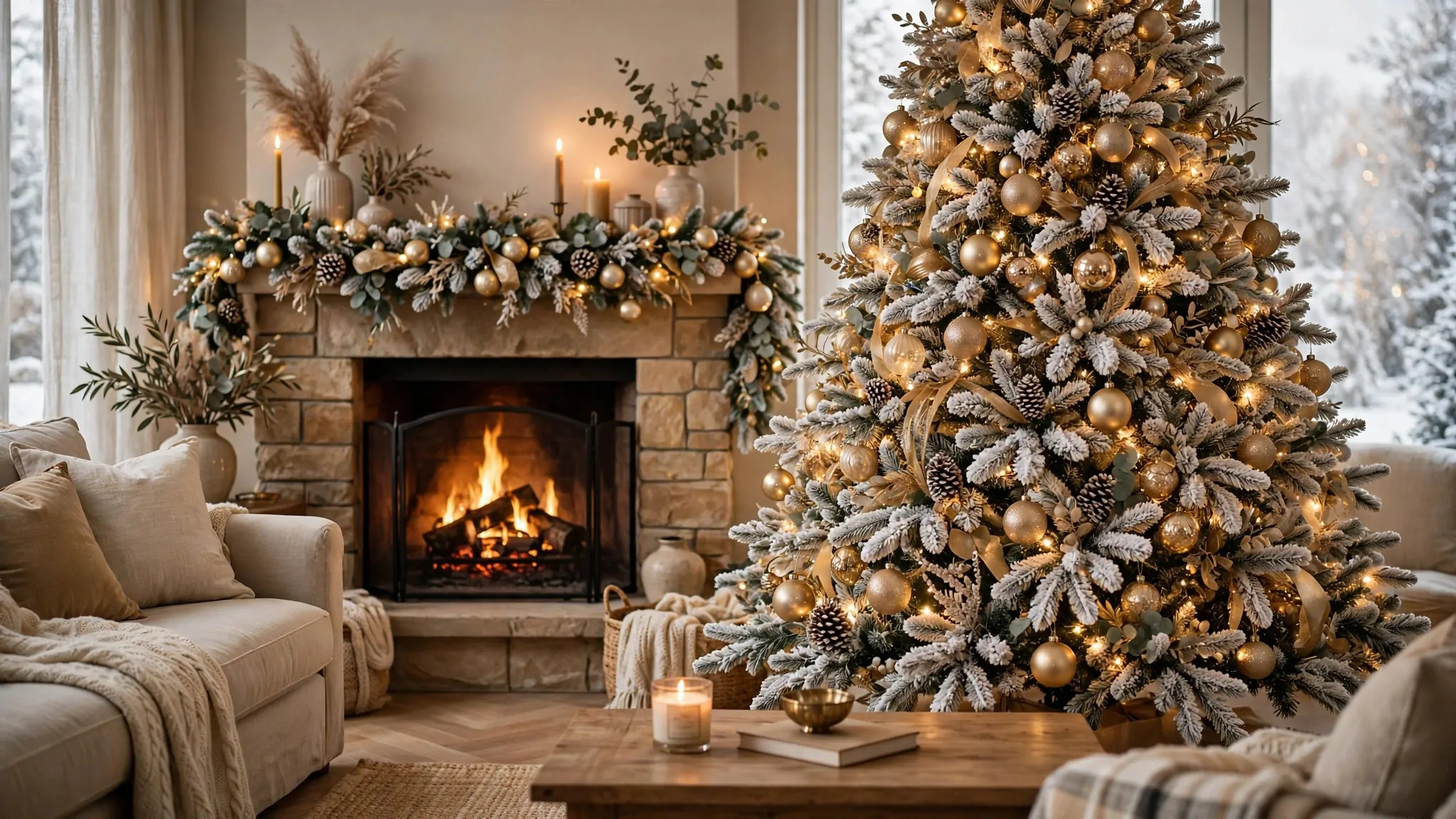 Flocked Christmas tree with gold and champagne ornaments in a warm living room