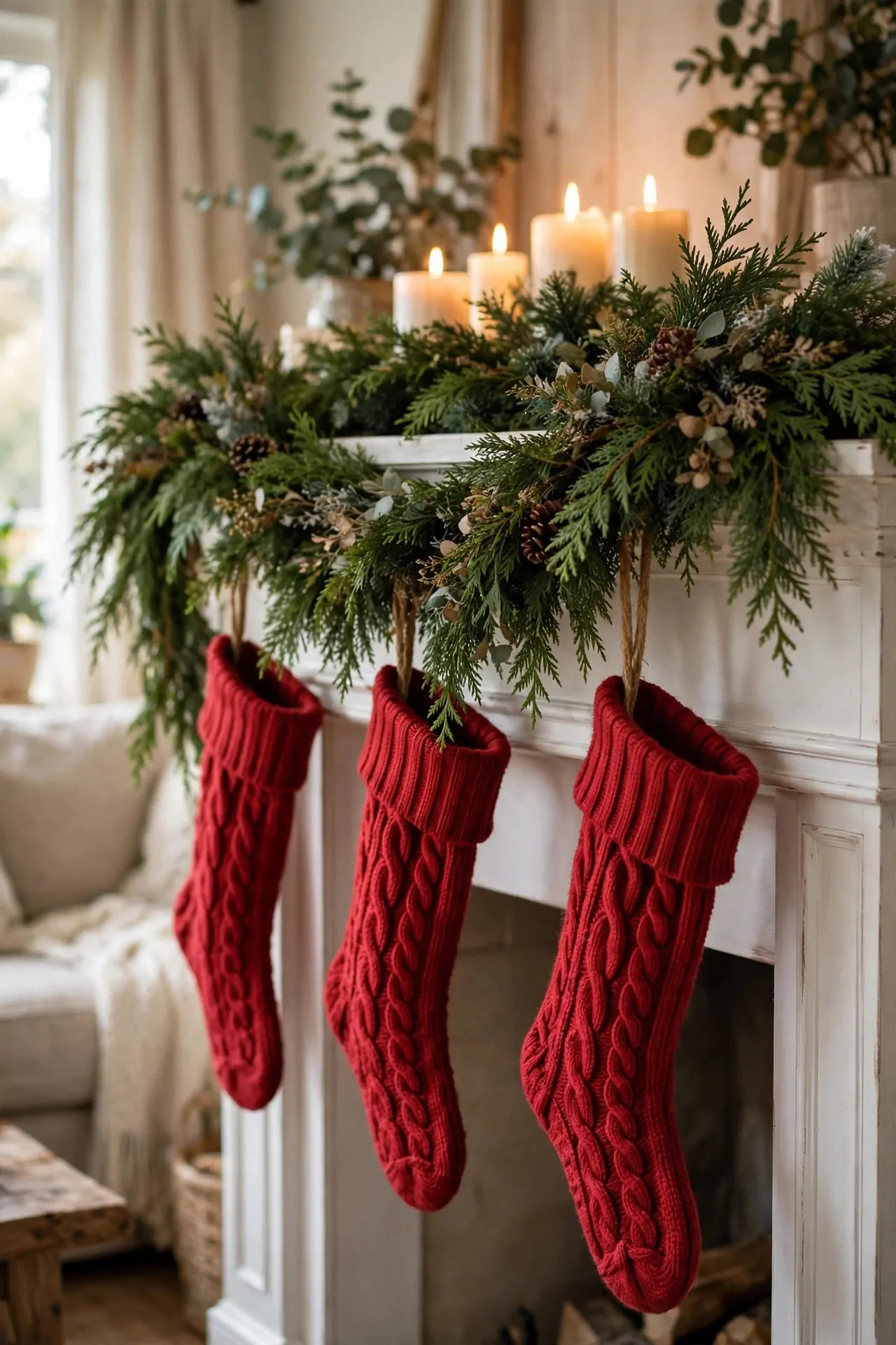 21 Christmas Garland Ideas for Staircases, Mantels and Doors 2 Thick cedar garland layered across a white fireplace mantel with red knit stockings hanging below and lit pillar candles