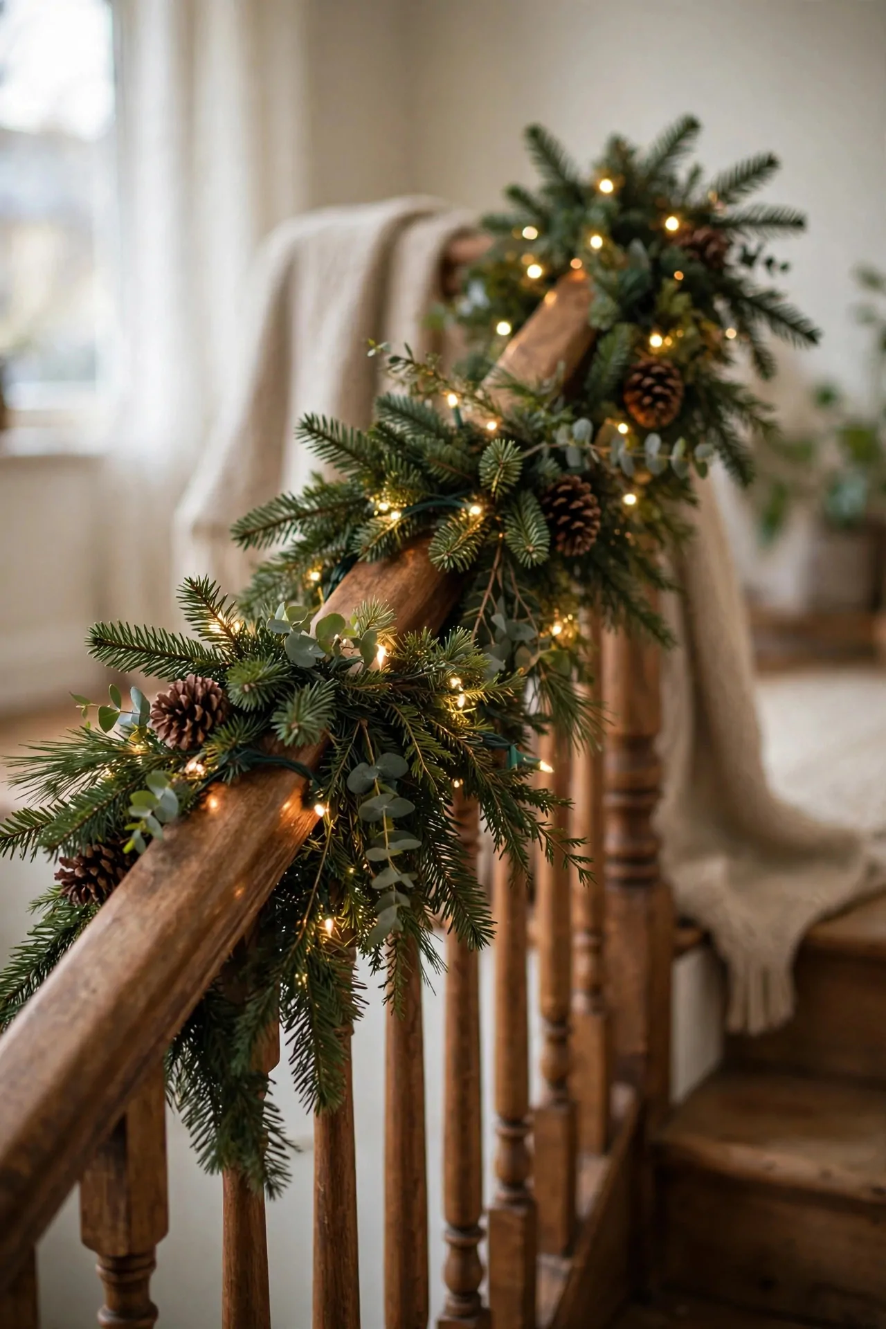 21 Christmas Garland Ideas for Staircases, Mantels and Doors 3 Fresh fir garland wound along a wooden staircase banister with warm white fairy lights and pinecones