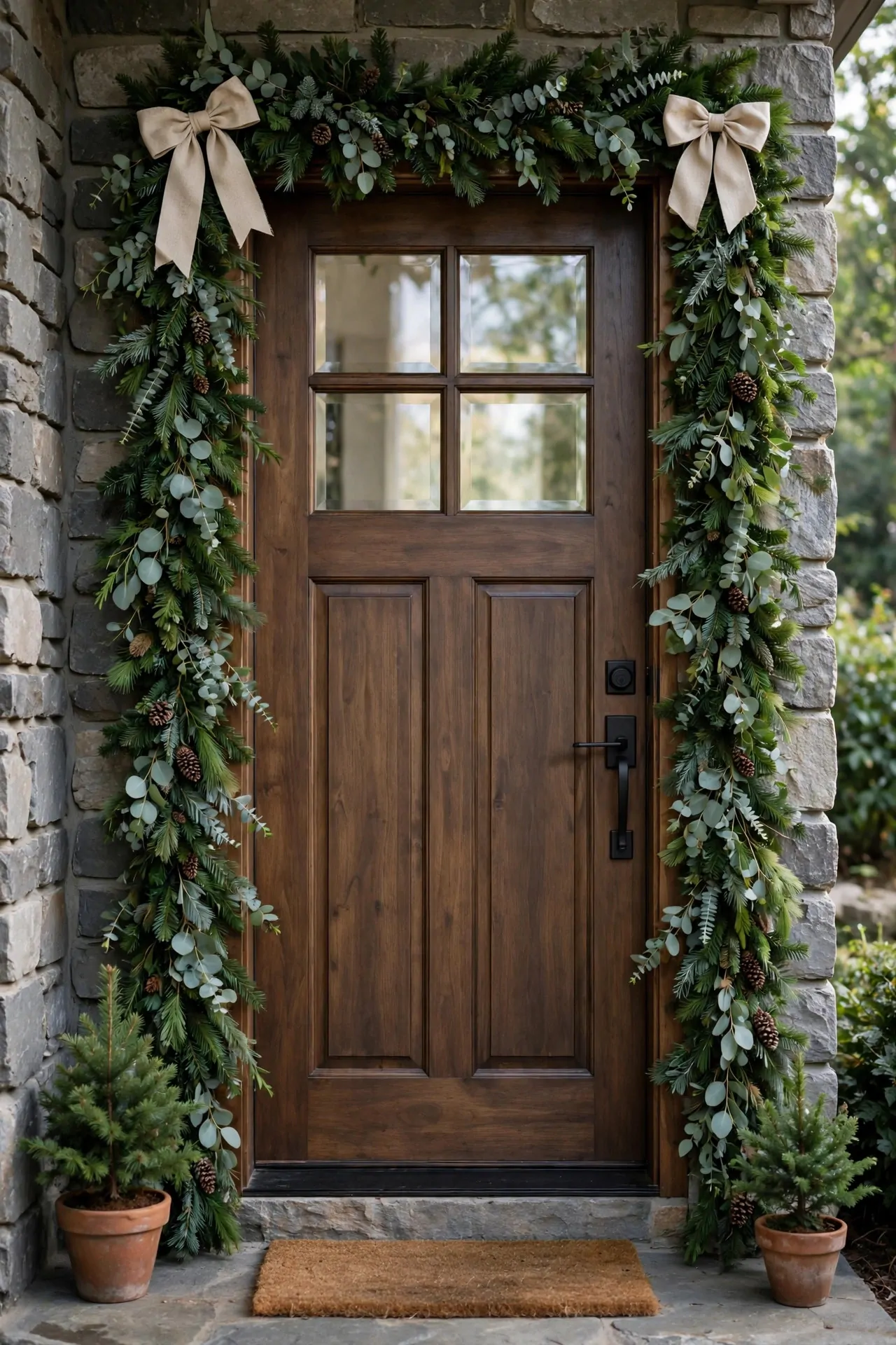 21 Christmas Garland Ideas for Staircases, Mantels and Doors 4 Front door framed with a lush eucalyptus and pine garland with a bow at the top corners and potted evergreens beside the door