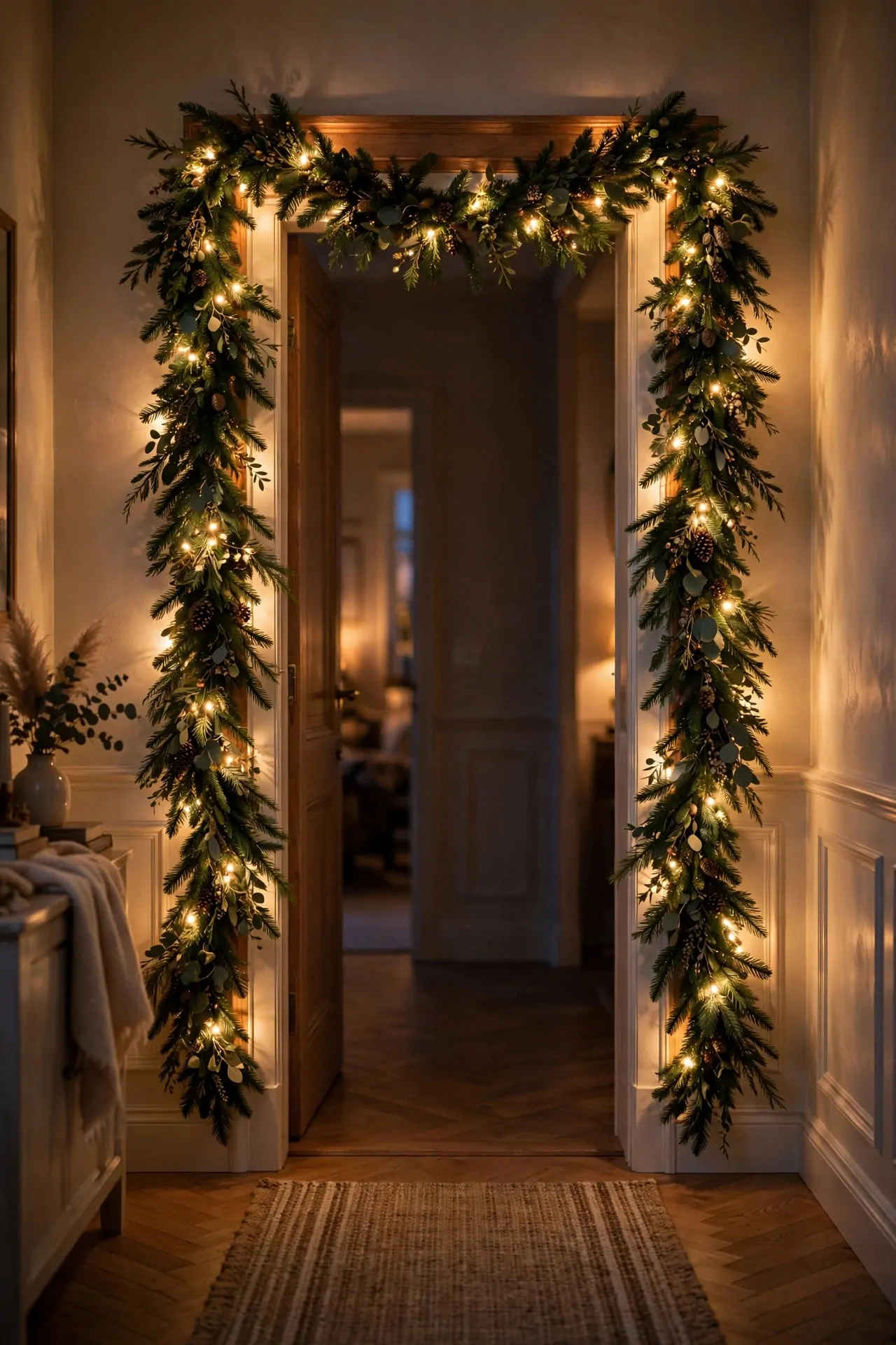 21 Christmas Garland Ideas for Staircases, Mantels and Doors 5 Interior doorway draped with a pre-lit Christmas garland glowing with warm white lights, cascading down both sides