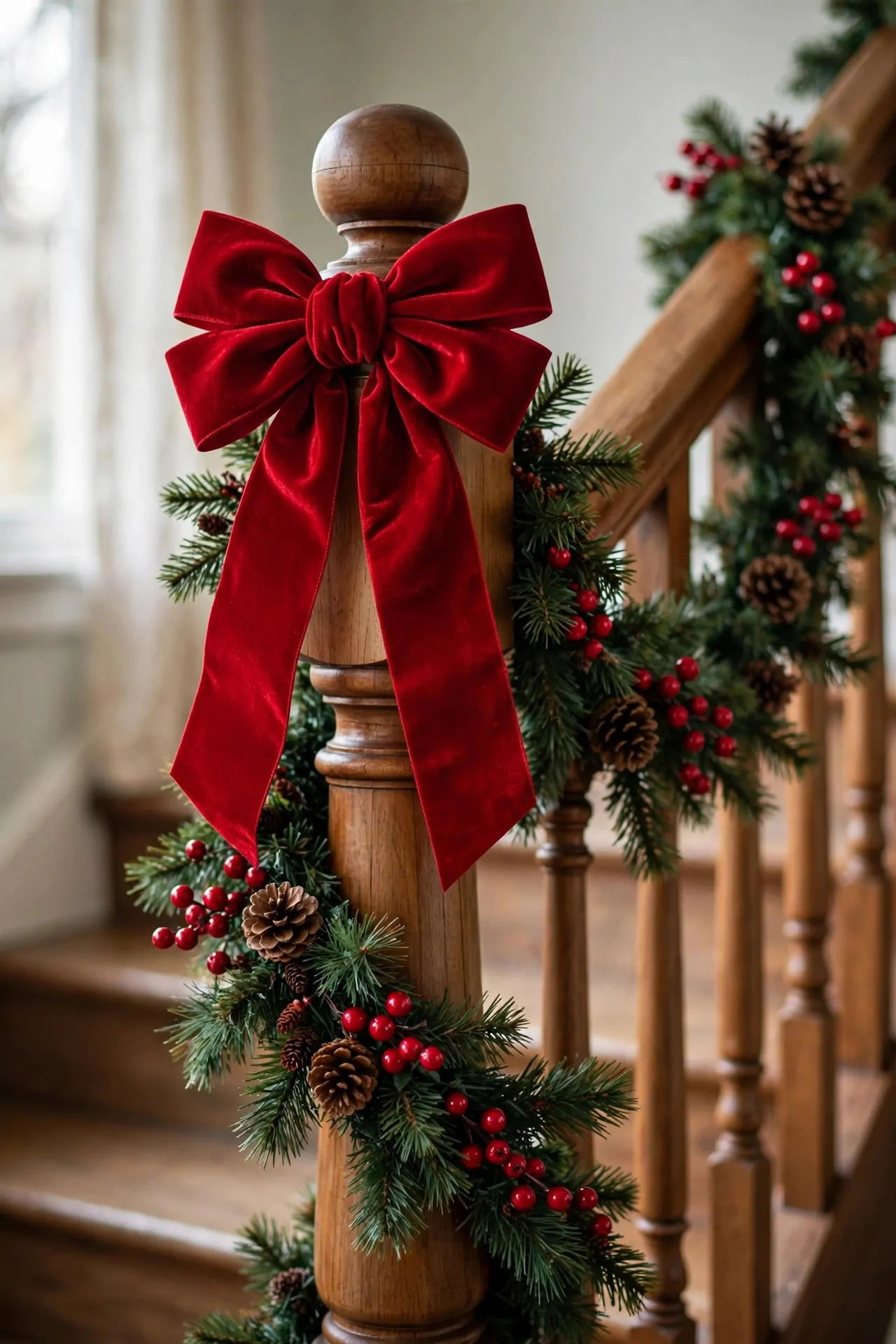 21 Christmas Garland Ideas for Staircases, Mantels and Doors 6 Wooden staircase newel post wrapped with Christmas garland, pinecones, red berries and a red velvet bow
