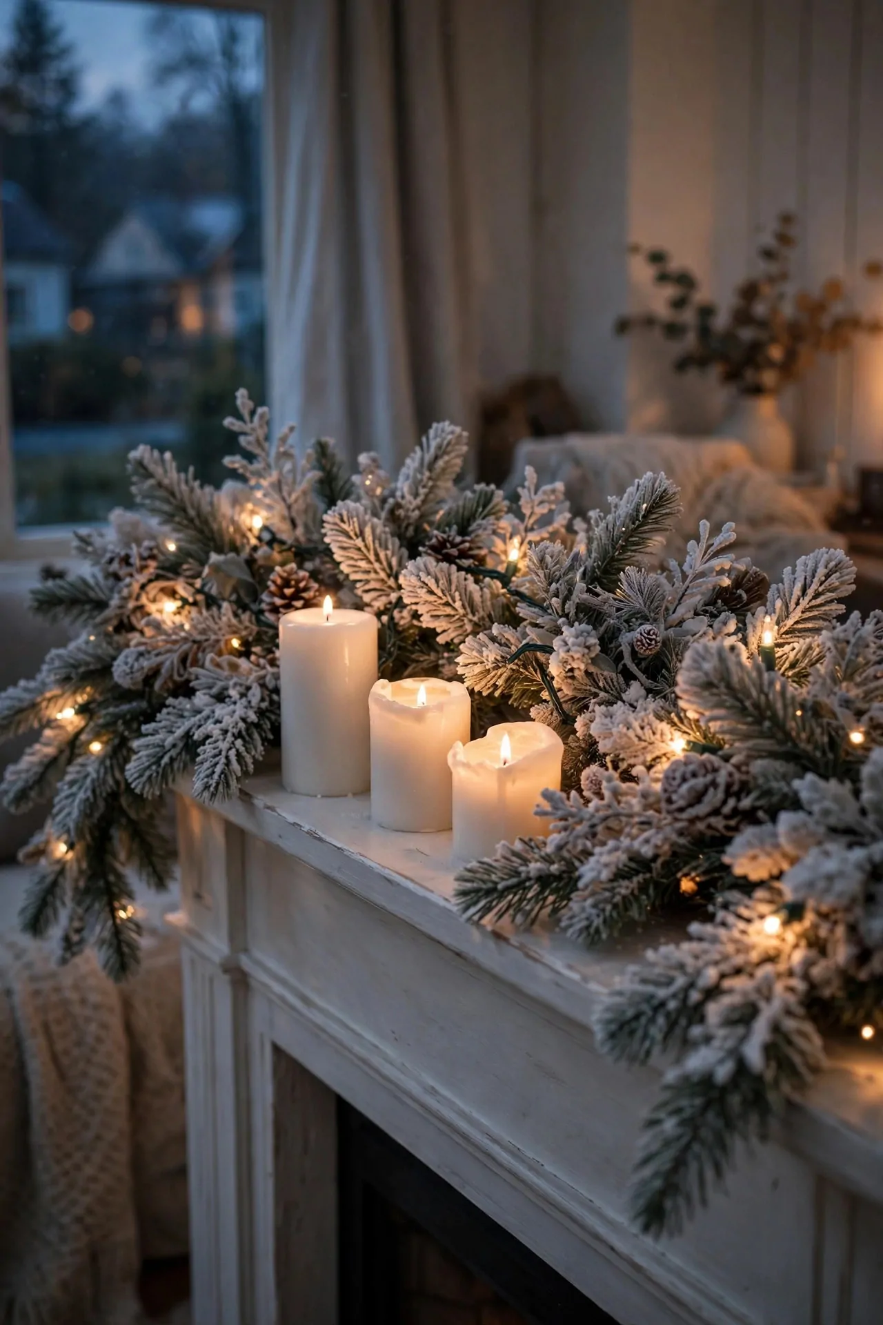 21 Christmas Garland Ideas for Staircases, Mantels and Doors 7 Flocked snowy Christmas garland on a white fireplace mantel with warm white string lights and white candles